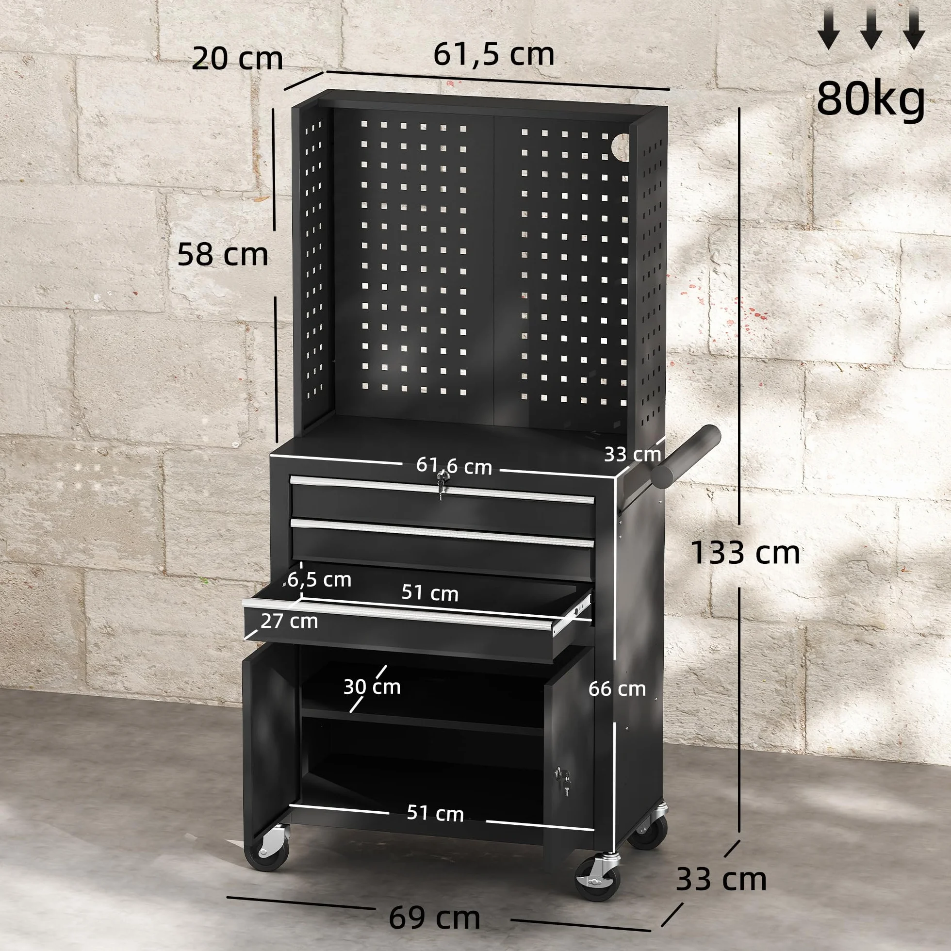 HOMCOM Carro de Herramientas con 3 Cajones y Tabla de Pegboard, Carro de Taller, Cerradura por Llave, Estante Ajustable, 2 Ruedas con Freno de Bloqueo, Negro