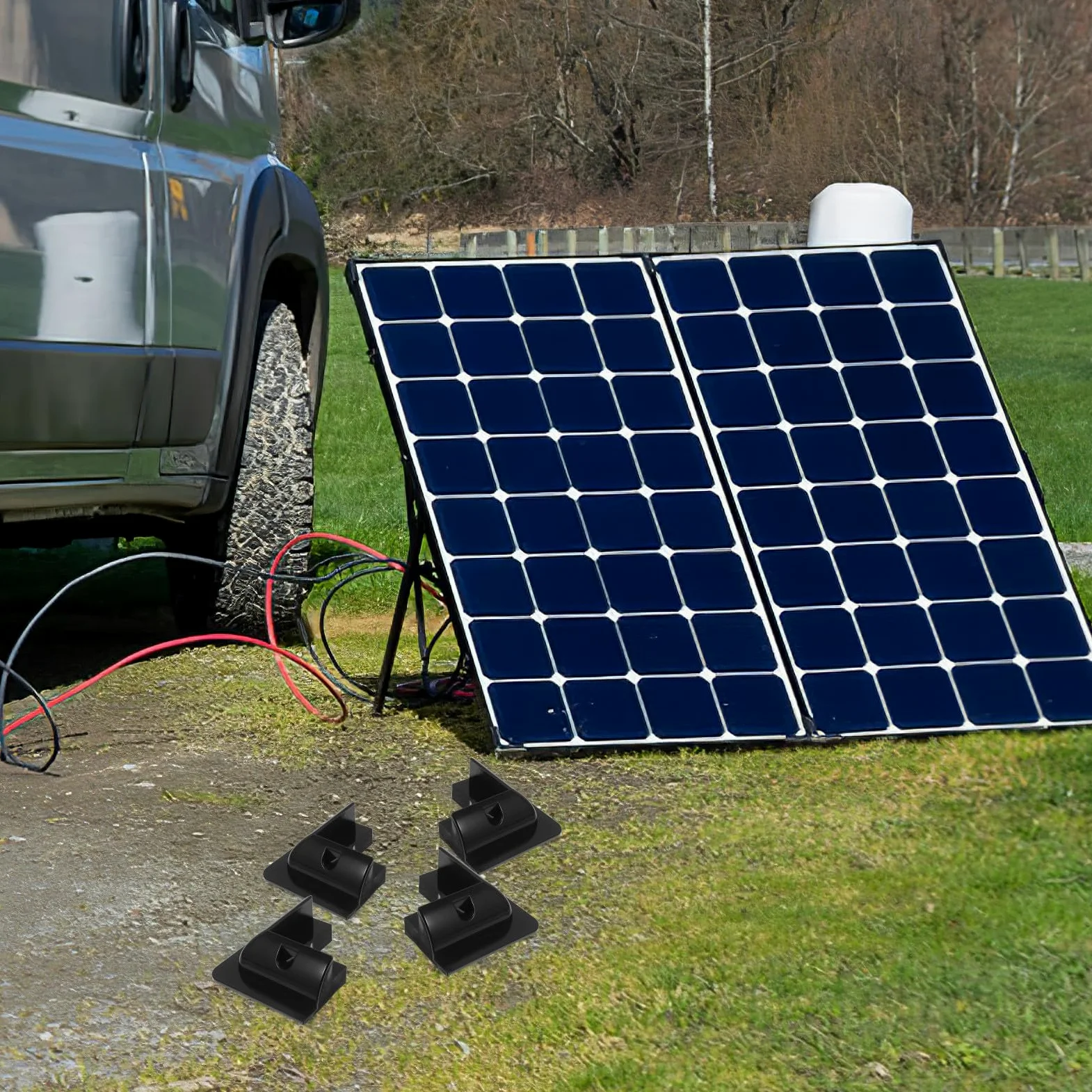 Mikinona Soporte para Panel Solar sin Taladros, Kit de Montaje para Autocaravana y Barco, 4 Piezas Negras, Estructura Elevada para Flujo de Aire, Resistente y Protección de Esquinas