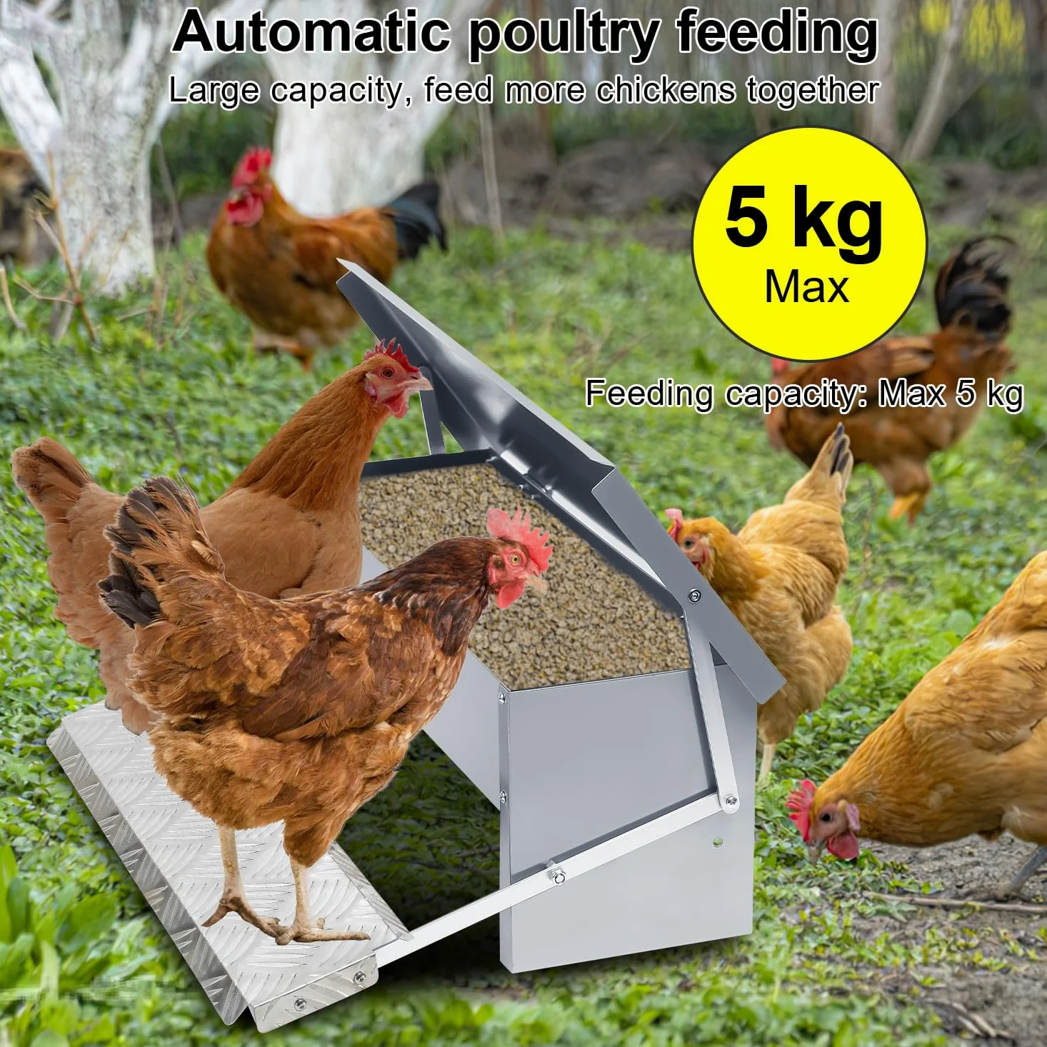 3 comederos automáticos para pollos, 5 kg, con tapa, pedal automático, comedero automático, comedero para pollos, resistente al agua
