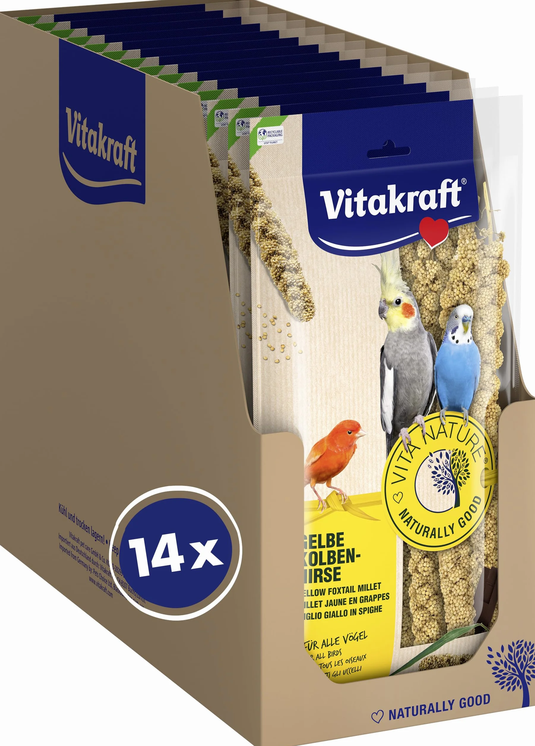 Vitakraft Vita Nature Mijo Amarillo para Pájaros, Snack Natural sin Azúcar Añadido, 14 x 100g