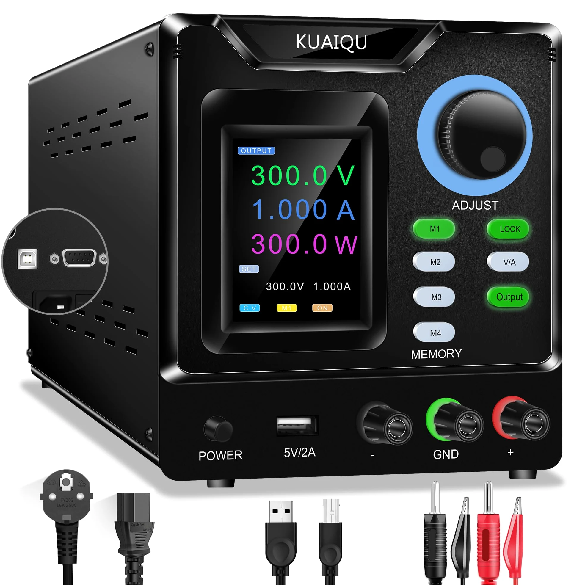 Fuente de Alimentación Regulable Programable 300V 1A, Alto Voltaje Fuente de Alimentación Laboratorio con Software PC, Perilla Codificadora, Memoria, Interruptor de Salida y Botón de Bloqueo