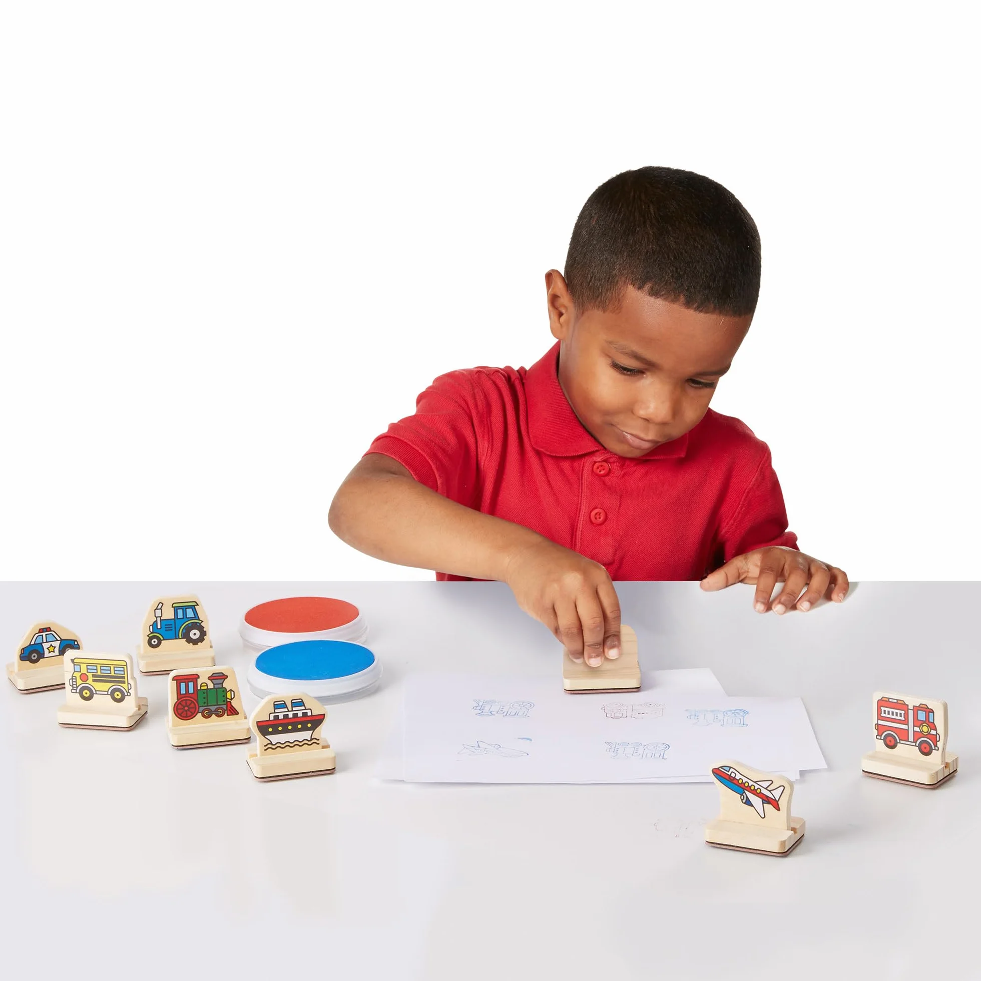 Melissa & Doug Mi Primer Juego de Sellos Infantiles de Madera Coche de Policia Bomberos Tractor 2 Almohadillas de Tinta Manualidades Regalo Niño 3 años+