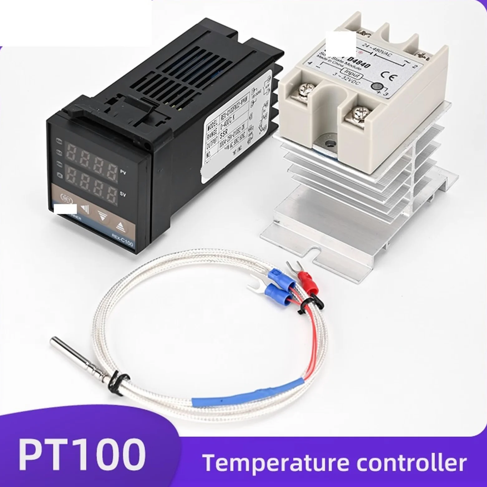 1 Uds REX-C100 controlador de temperatura PID AC110V-240V con SSR-40DA PT100 termopar disipador de calor relé de entrada o salida SSR(C100-V-AN PT100 SET2)