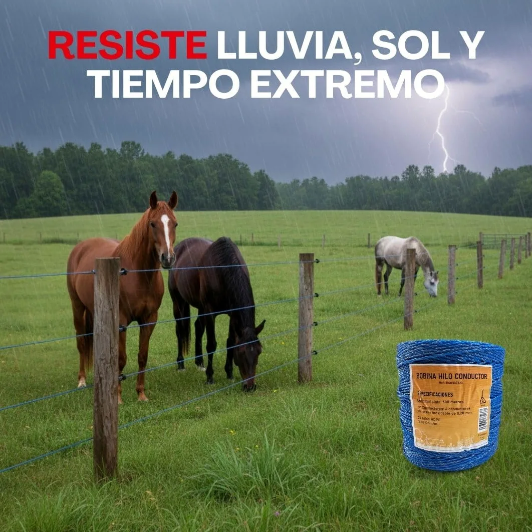 Llampec Hilo Pastor Eléctrico 500 m x 3 mm Azul – Cinta 6 Conductores Acero Inoxidable – Alta Conductividad y Resistencia UV – Cable Valla Eléctrica para Caballos, Vacas y Perros – Bobina Pastor
