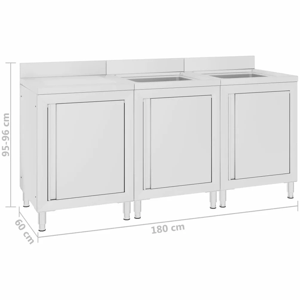 vidaXL Fregadero de Cocina Profesional Mesa de Trabajo Comercial Mueble Equipo Armario de Almacenamiento Restaurante Acero Inoxidable 180x60x96 cm