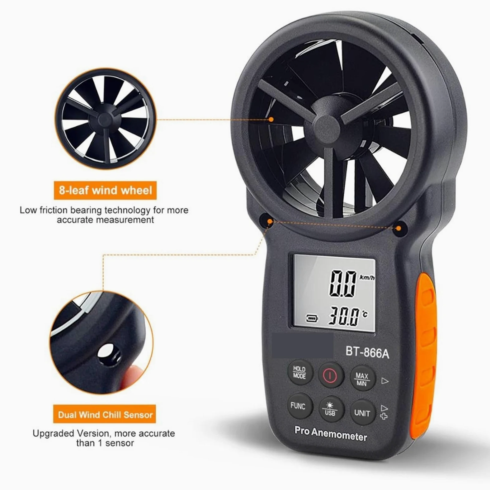 Anemómetro Digital de BT-866A, medidor CFM portátil con conexión USB, medidor de flujo de aire, medida de temperatura del viento/velocidad, sensación térmica CFM