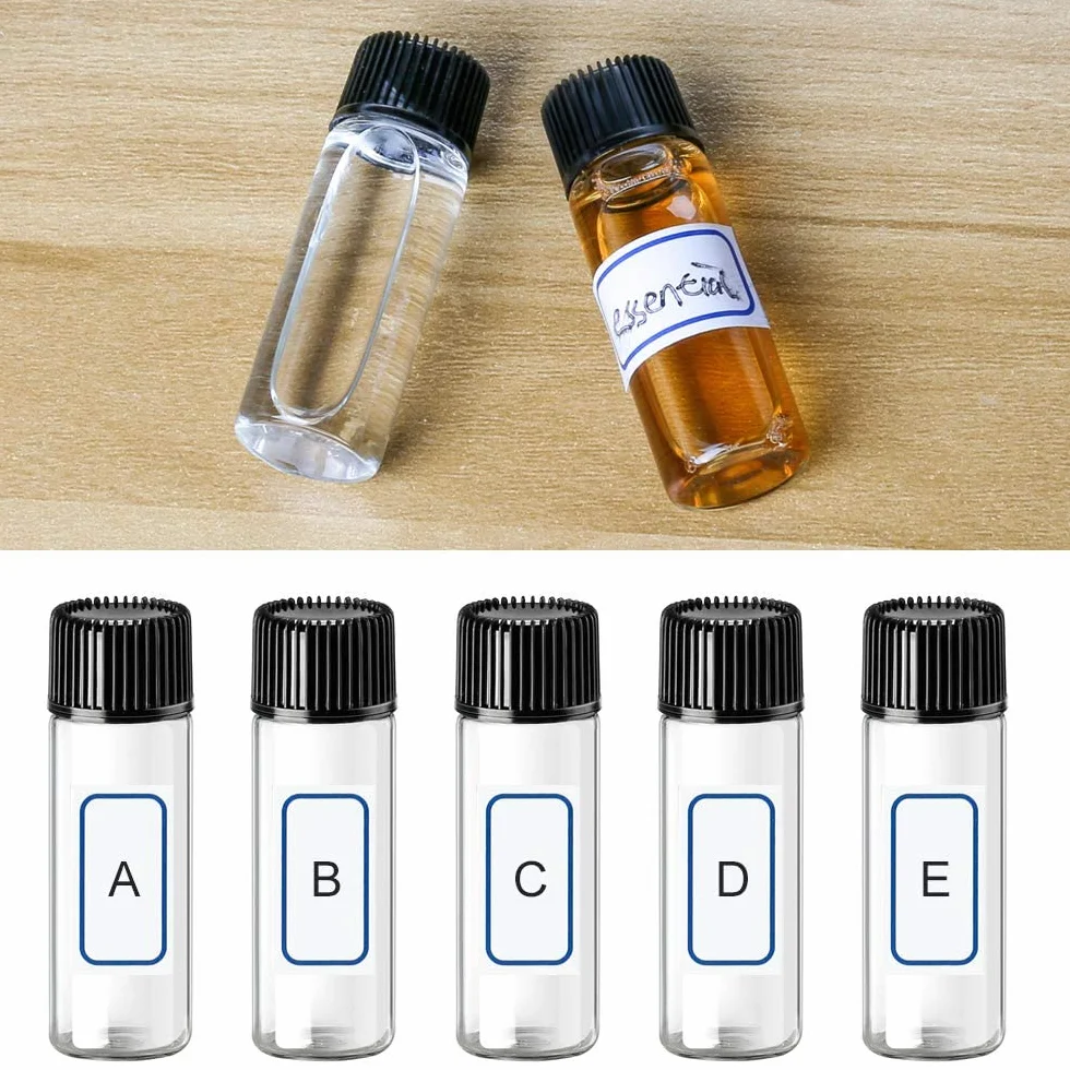 Botellas de Muestra de Vidrio 5ml con Tapa Negra de Rosca, Mini Viales Vacíos para Aceites Esenciales