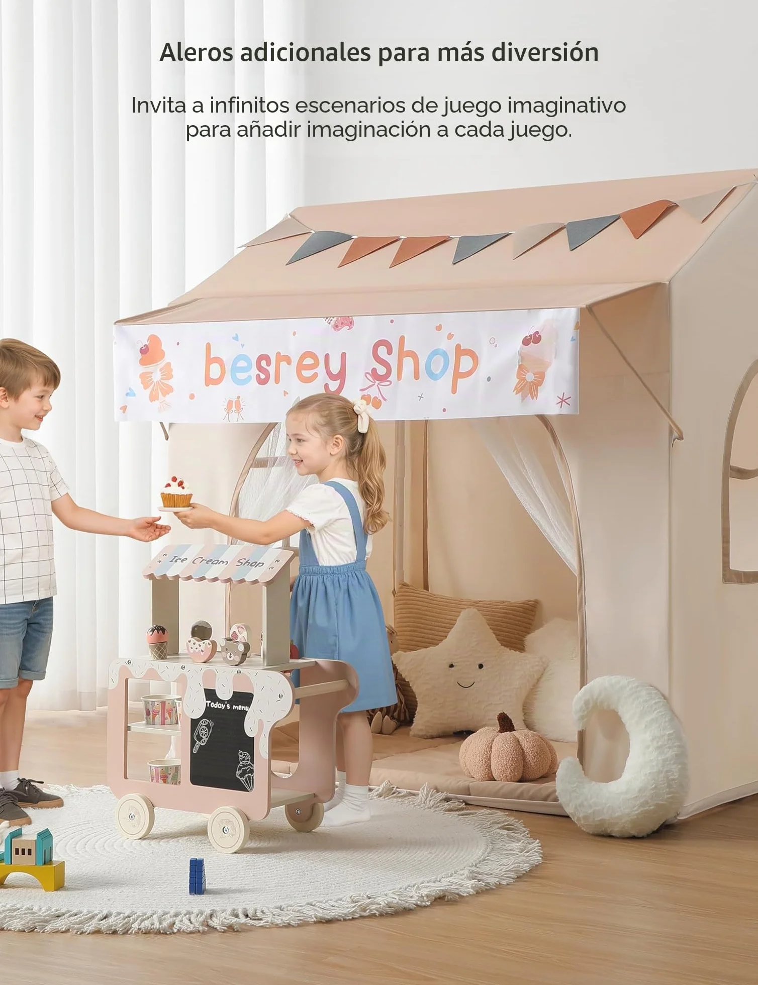 Besrey Tienda de Juego para Niños con Toldo, Casita Infantil 2 en 1 con Luz LED, Alfombra Acolchada