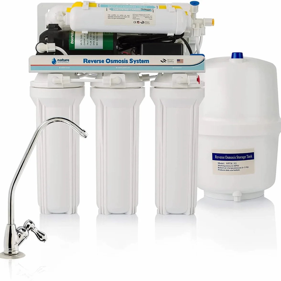 Equipo de Osmosis Inversa - Kit de Ósmosis de 6 Etapas - Capacidad para 5 L - Incluye Membrana de 100GPD, Depósito de Agua, Bomba ECO y Filtros - Nature Water Professionals