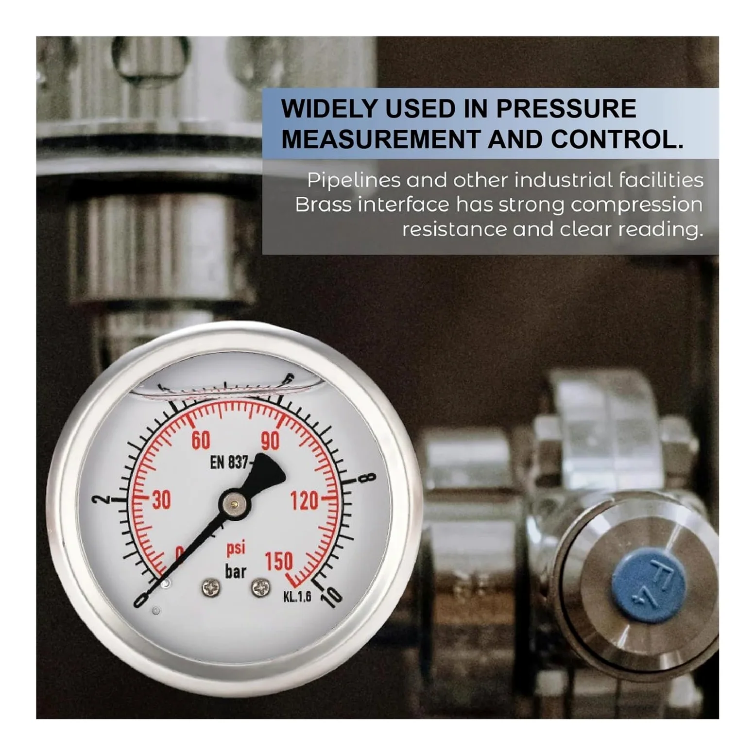 Manómetro, Manómetro de montaje Axial YN60, barra llena de líquido de acero inoxidable, e Dual Psi, resistente a vibraciones de alta precisión 1/4BSP | 0-16bar