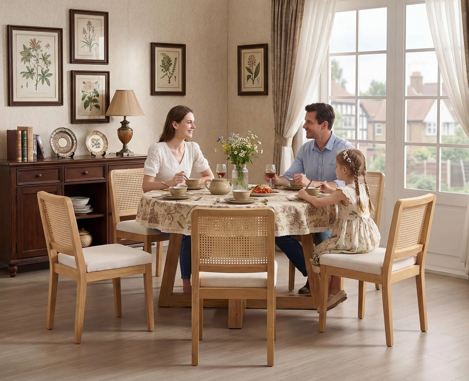 chairus Juego 4 de Sillas de Comedor Madera Sillas Cocina de Rústico con Respaldo Ratán, Sillas Restaurante Tapizadas de Chenilla Sillas de Salón Sencillas para Hogar, Blanco
