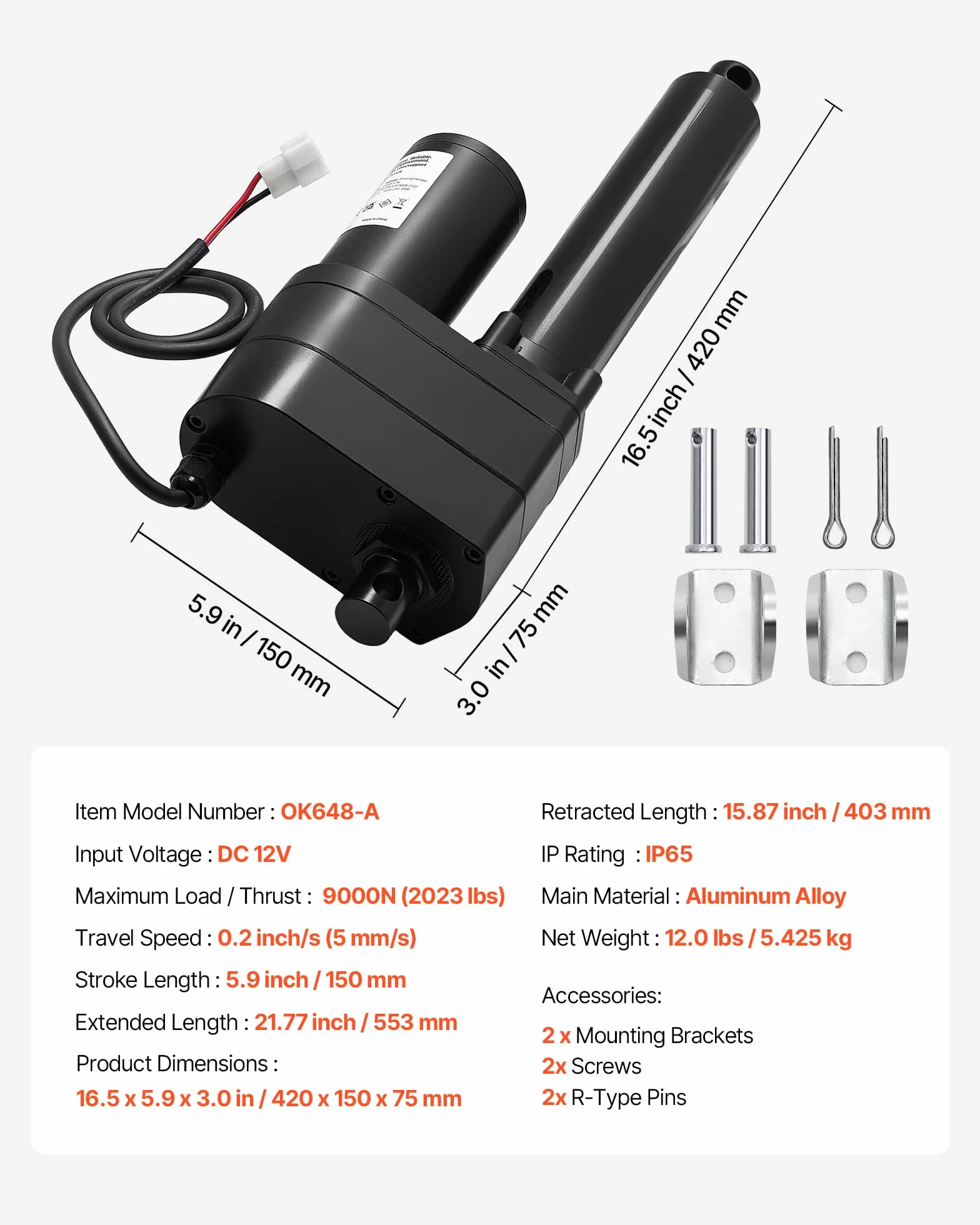 VEVOR Actuador Lineal 12 V, Carrera de 150 mm, 9000 N, Resistente al Agua IP65, 5 mm/s, con Soportes de Montaje para Contenedores de Maquinaria Industrial y Sistemas de Elevación Pesada, Negro