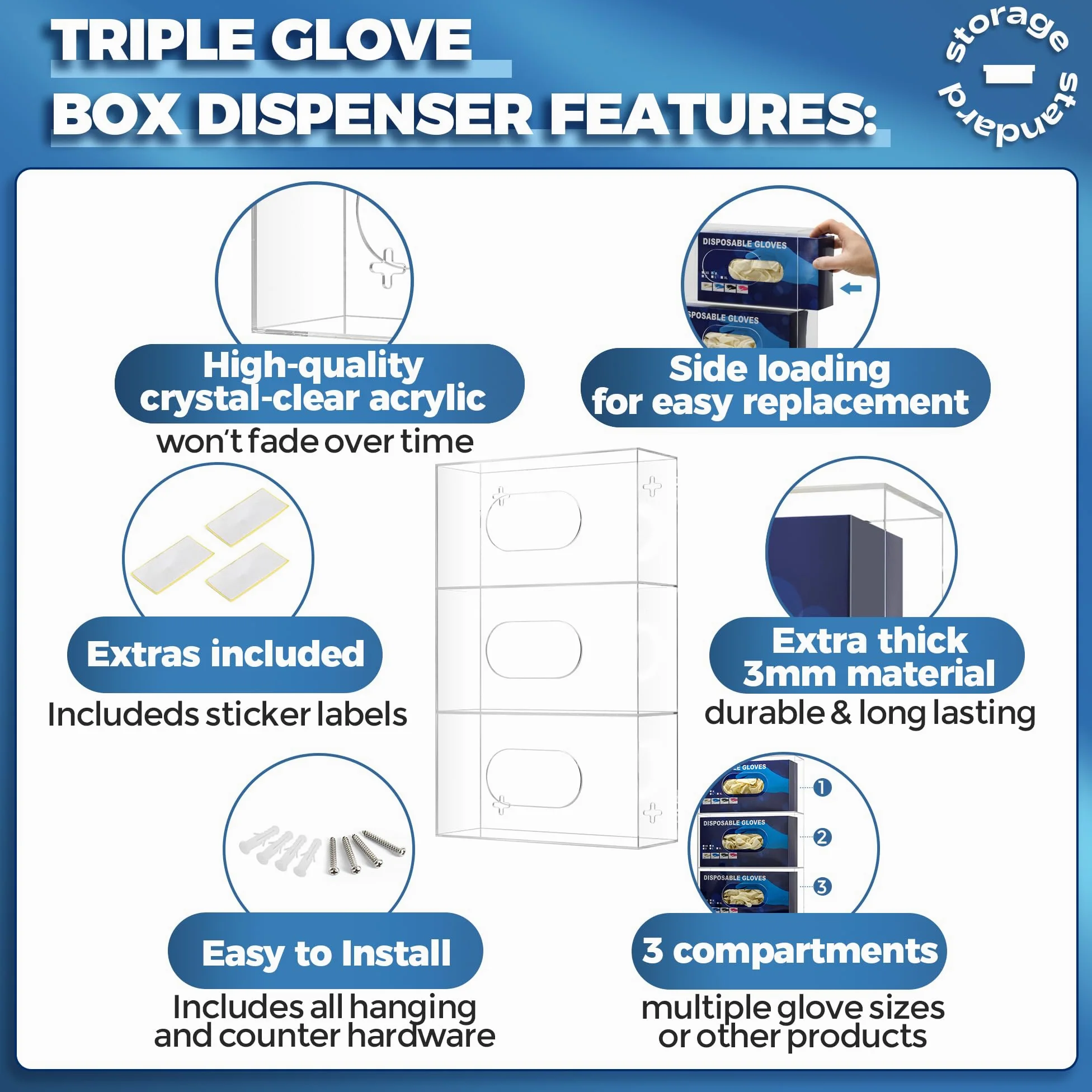 Storage Standard Soporte triple para guantera, dispensador de guantes de montaje en pared, soporte desechable para guantes médicos, soporte multiusos para guantes de cocina, 16.5 x 10 x 3.5 pulgadas