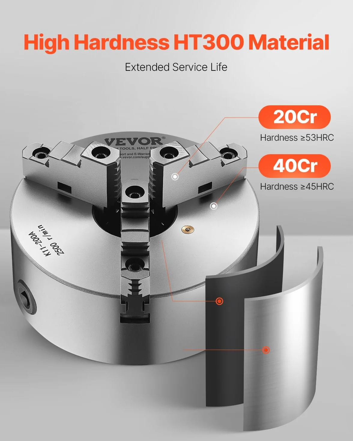 VEVOR Mandril de Torno de 3 Mordazas Diámetro Exterior de 200 mm, Autocentrante con Placa de Soporte Roscada, Rango de Sujeción de 4-200 mm con Tornillos de Llave en T para Torno de Madera y Metal