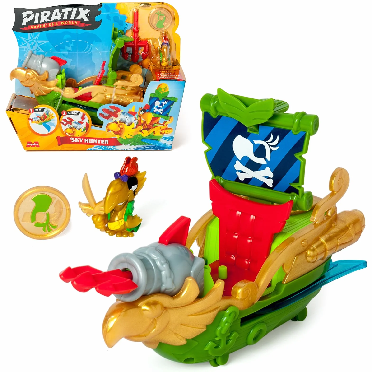 PIRATIX Adventure World Sky Hunter Barco Pirata Loro con Piratix Exclusivo y Tesoro