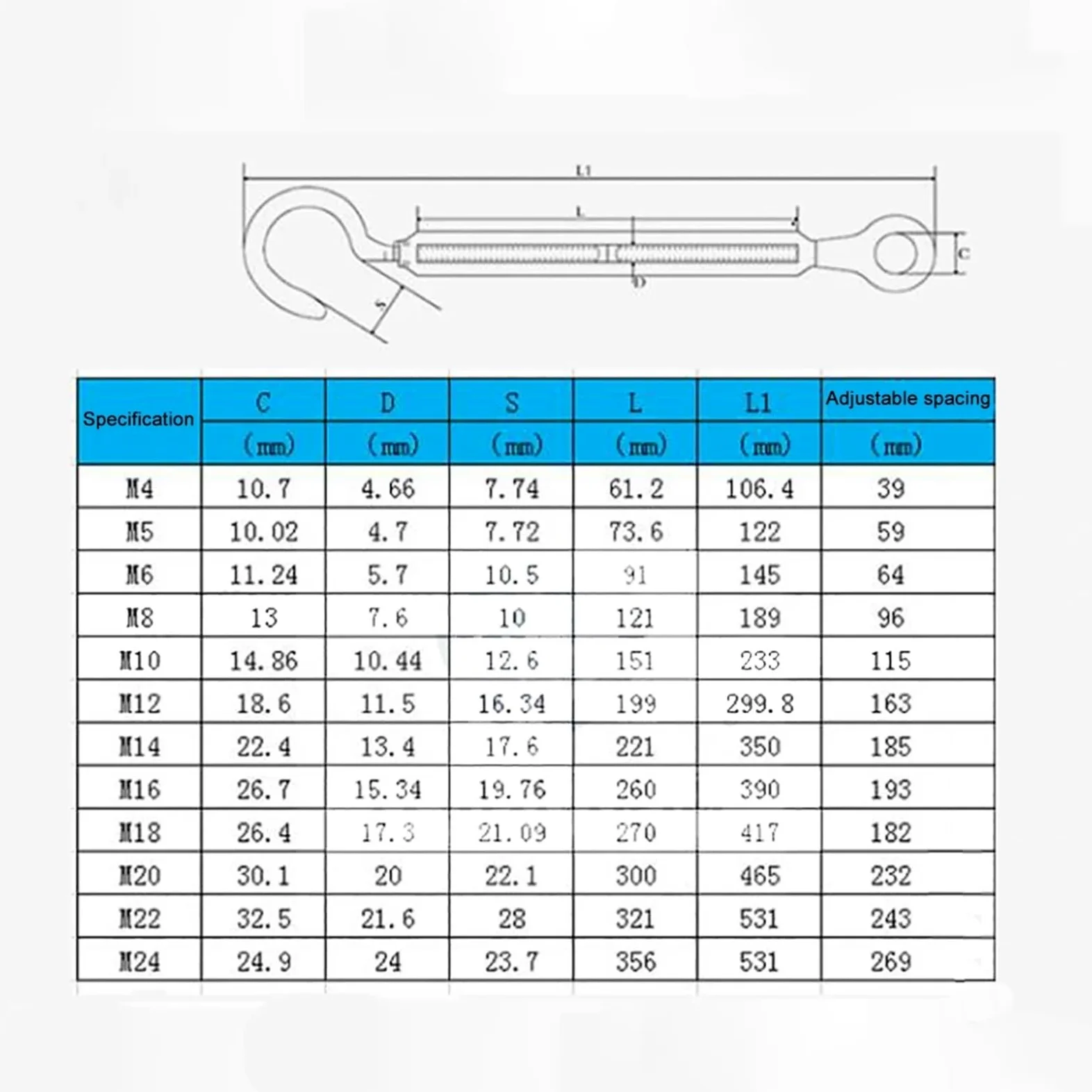 Tensor de Alambre con Tensor, 1 Tensor de Cable de Acero Inoxidable 316, con Gancho y Ojo, M4 a M20, Tensor de Cable.(M8)