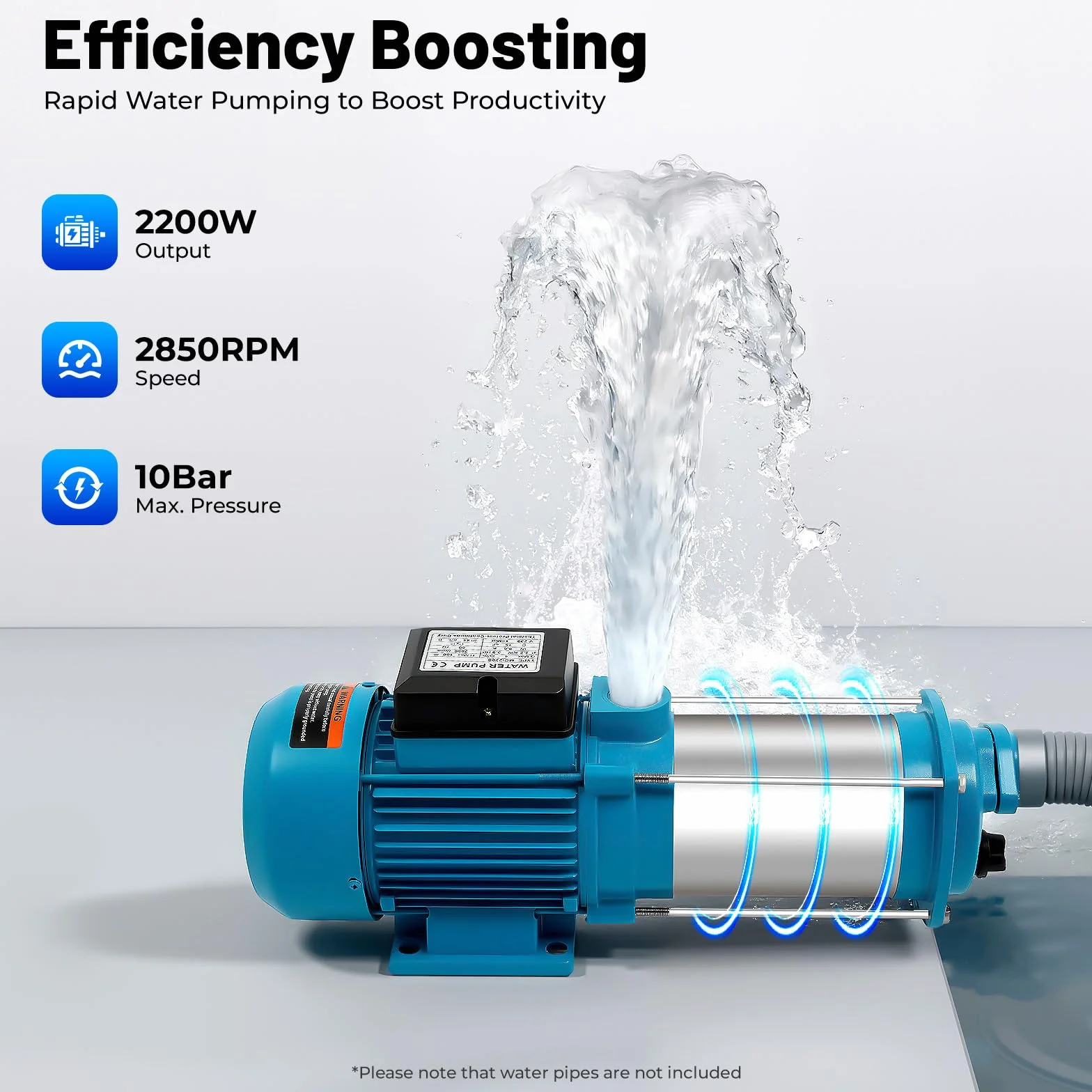 Bomba centrífuga de agua 2200 W, acero inoxidable, 879,87 gal/h, 2850 rpm, bomba centrífuga IP44, autocebante, jardín, casa, riego, bomba de alta presión, enchufe europeo
