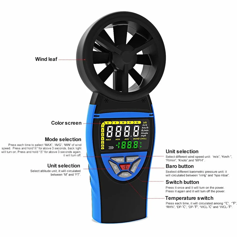 HoldPeak 8805-WM Anemómetro Digital Portátil para Exterior, Temperatura, Presión Atmosférica, Altitud y Flujo de Aire para Drones HVAC