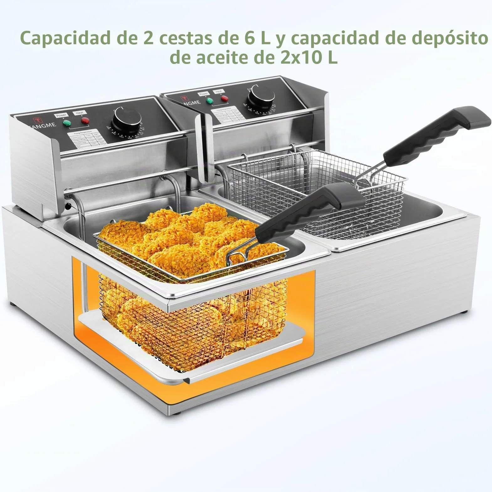 Freidora eléctrica comercial 5000 W 2 cestas 6 L acero inoxidable 20 L limitador temperatura