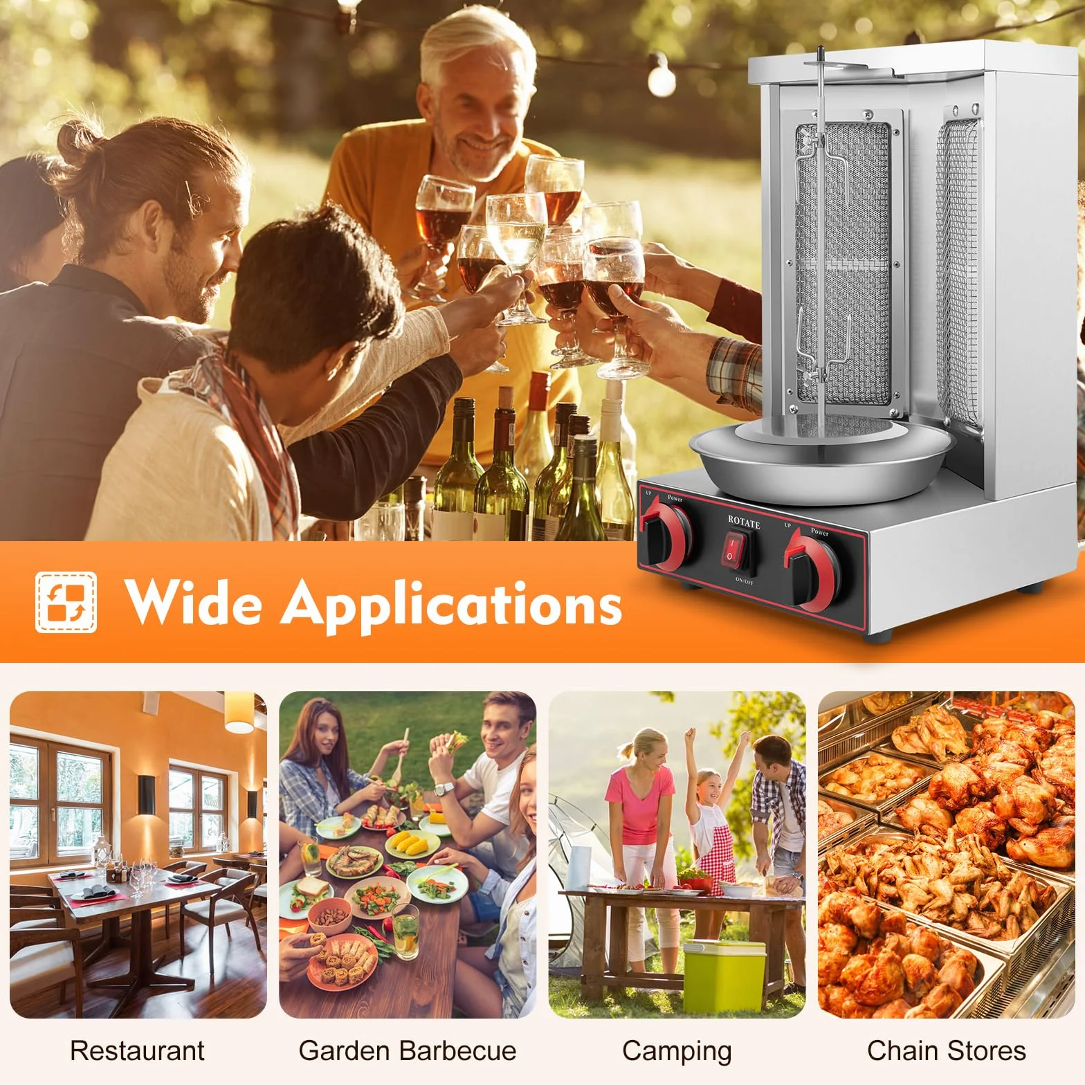 Máquina de döner kebab a gas, DSYOGX Vertical Parrilla Eléctrica Rotativa, 3000W 220V Döner-Vertikal-Multigrill puede asar brochetas de cordero y pollo, Negro