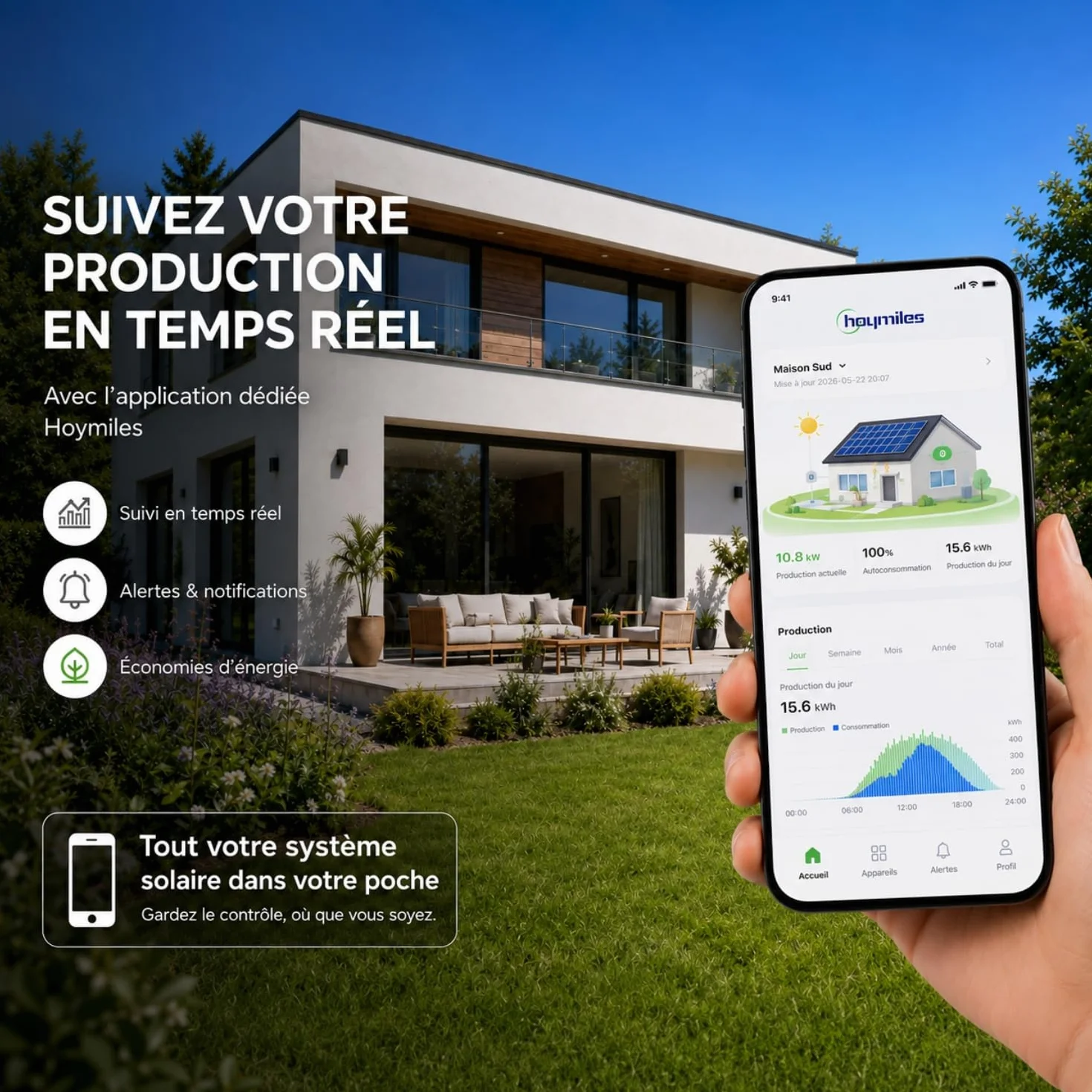 Hoymiles HMS-500W-1T - Microinversor de 500 W, WiFi y Bluetooth, para 1 panel solar + cable AC Plug & Play HMS 5 m