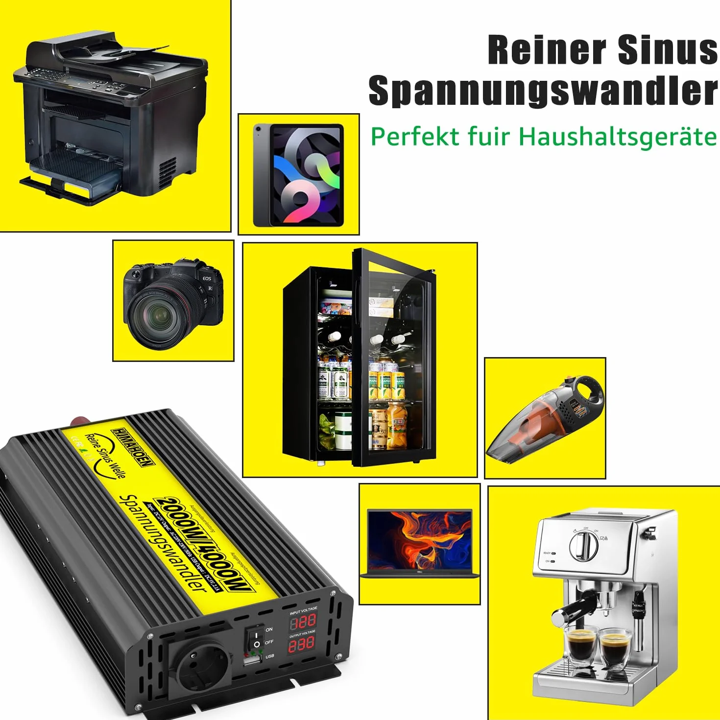 Inversor 12V a 230V 2000w/4000w Conversor de Voltaje de Onda sinusoidal Pura, para casa, Caravana, camión, con Conector USB Integrado 5V/2.1A
