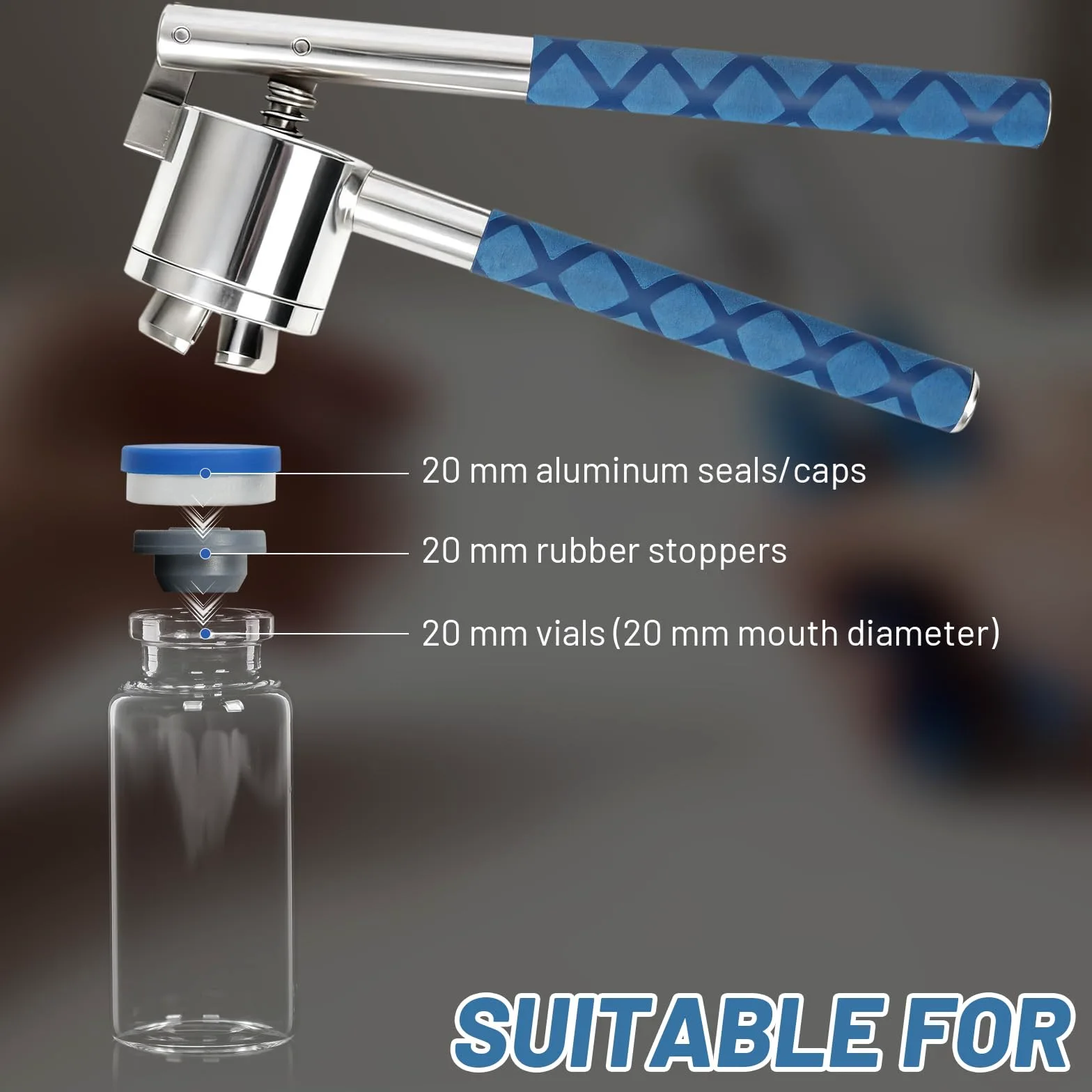 Engarzadora de frasco de 20 mm, 100 tapas de tapa abatible y 100 tapones de goma incluidos