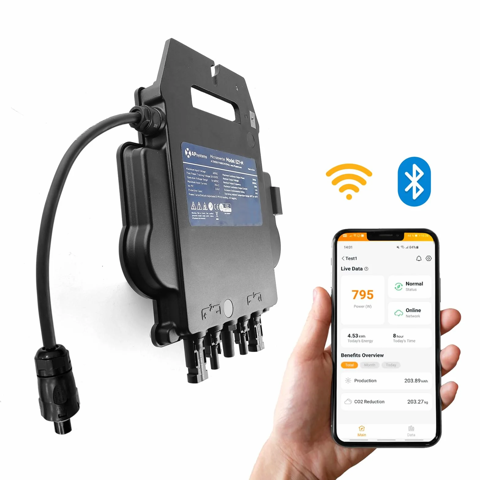 Microinversor APsystems con WiFi y Bluetooth, Certificado PV VDE, inversor Plug & Play Ideal para Sistemas solares en Balcones (EZ1-M 800W con Cable de conexión)