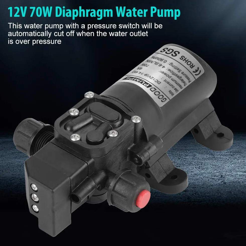 Bomba de agua DC 12V 0.9Mpa 4-6L/Min 70W autocebante de diafragma alta presión