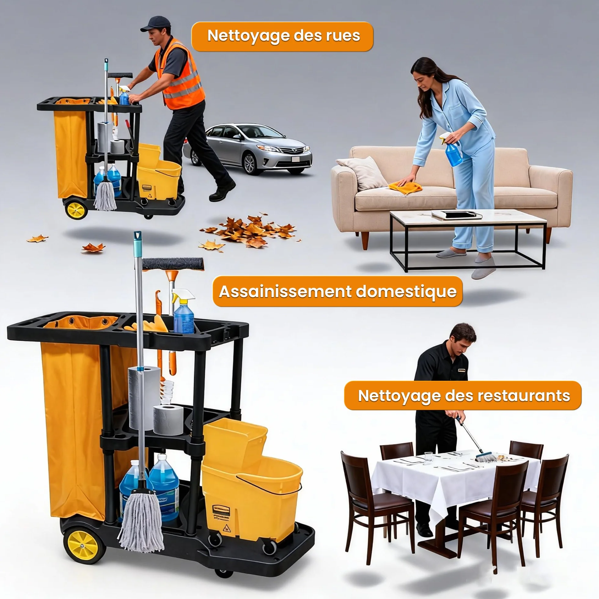 Uyoyous Carro de limpieza profesional, 3 niveles con 4 ruedas, color negro y amarillo, bolsa grande de 65 l, carro de mantenimiento, 113 x 56 x 93 cm