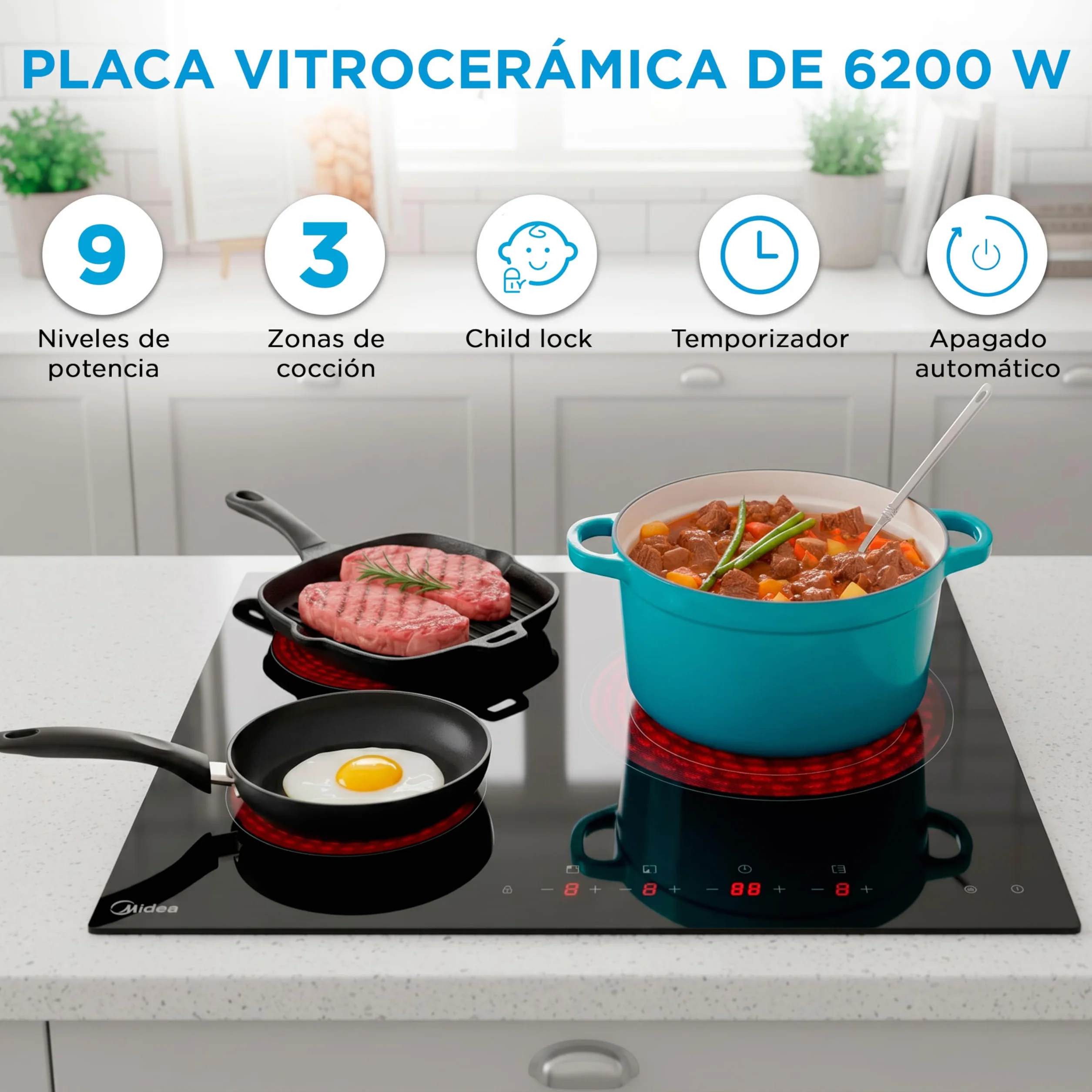 MIDEA Placa Vitrocerámica 3 Fuegos 6200 W Integrada con Panel Táctil y Temporizador