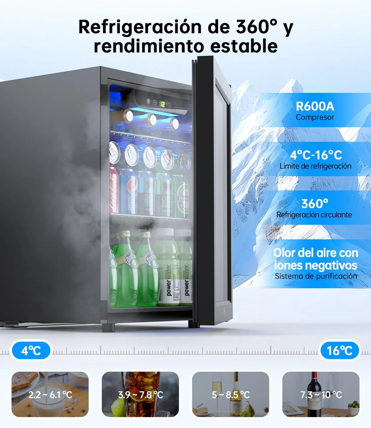 Mini Nevera 48L 68 Latas Frigorifico Pequeño con Puerta de Cristal, Temperatura Regulable, Iluminación LED, Silencioso