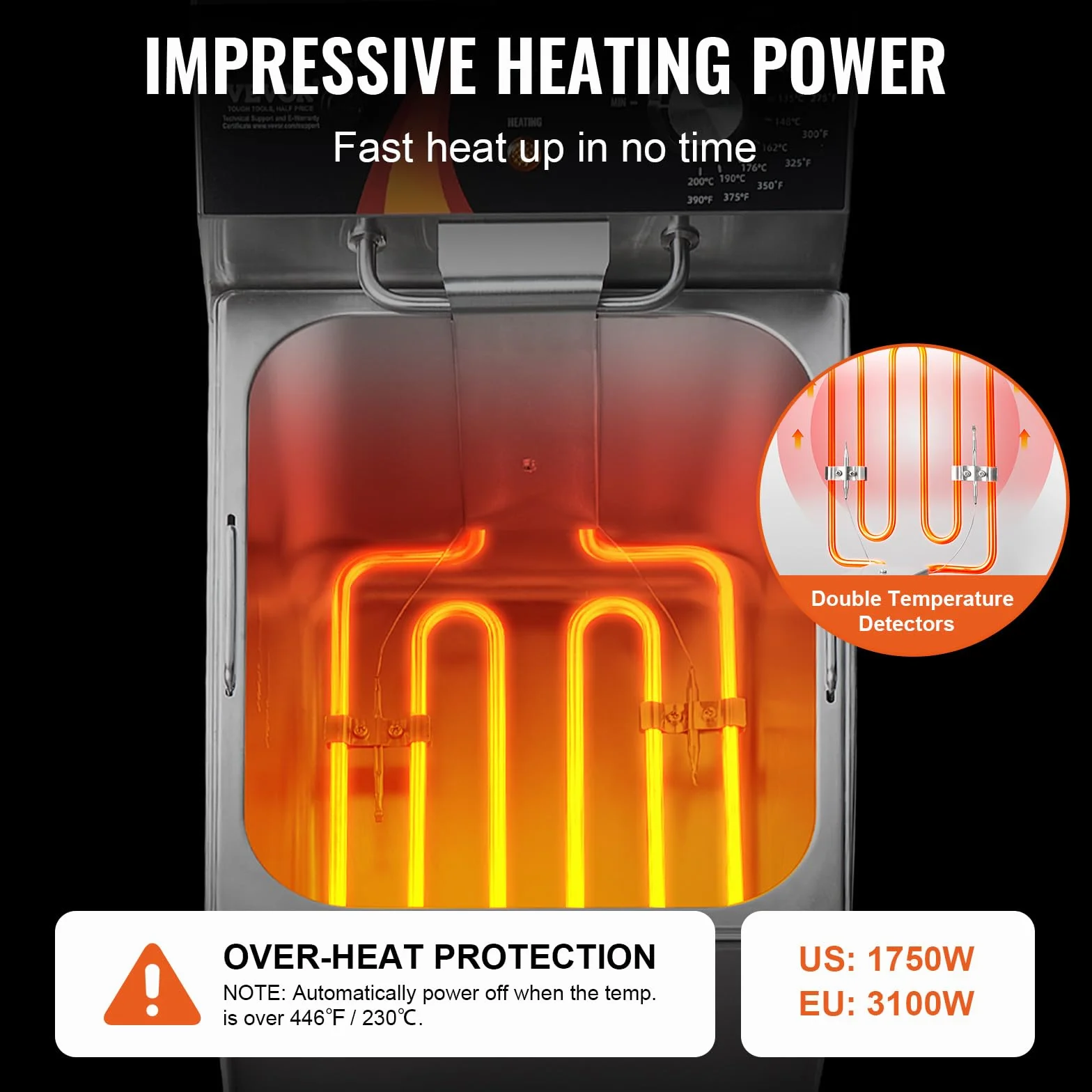 VEVOR Freidora Eléctrica Comercial de Encimera 3100 W con Cesta, Patas Regulables en Altura, Individual en Acero Inoxidable 11,5 L, Control de Temperatura, Uso en Restaurantes, 275 x 415 x 370 mm