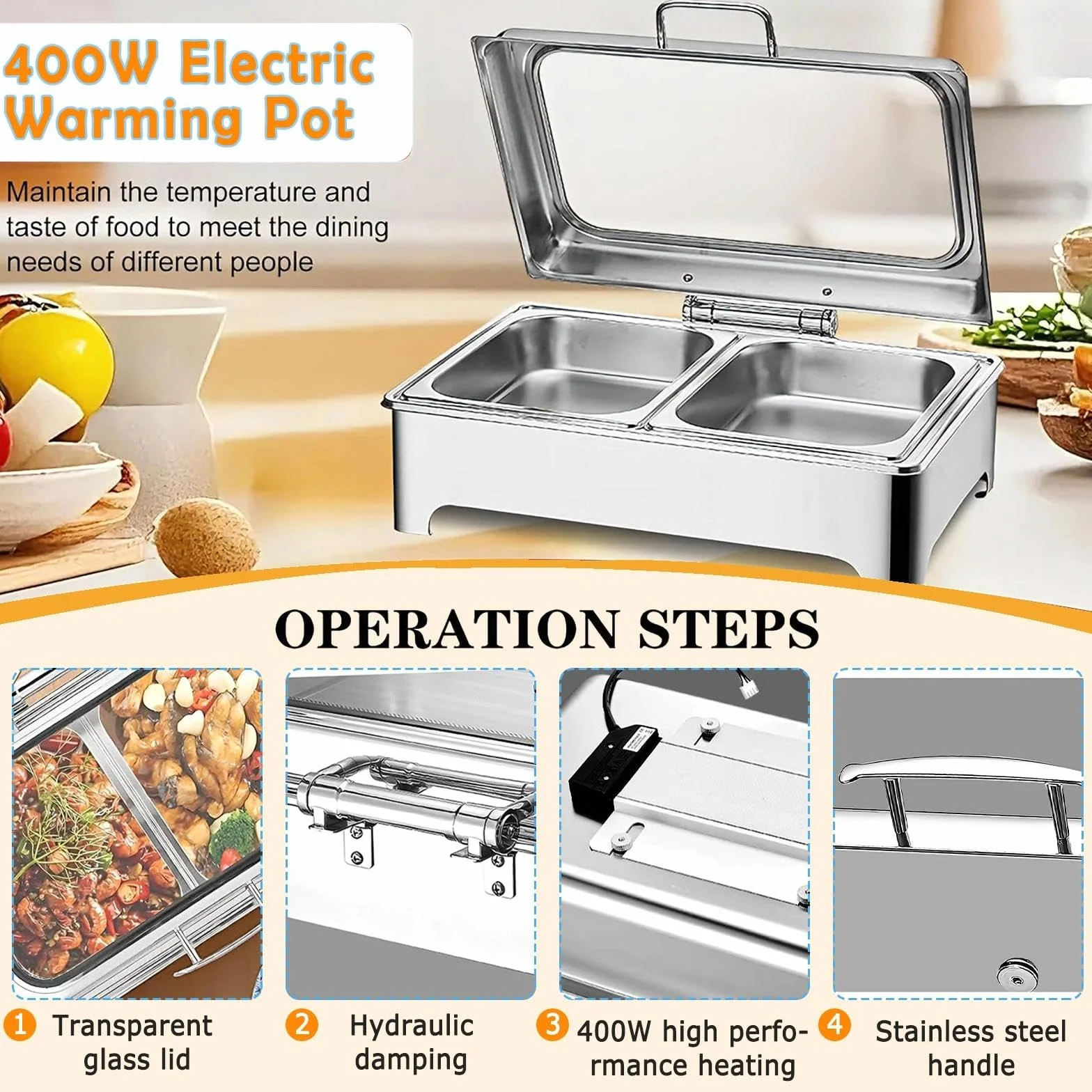 Chafing Dish Eléctrico 9L Acero Inoxidable con Tapa Transparente, Calentador de Comida para Buffet y Fiestas (1/2 Pan)