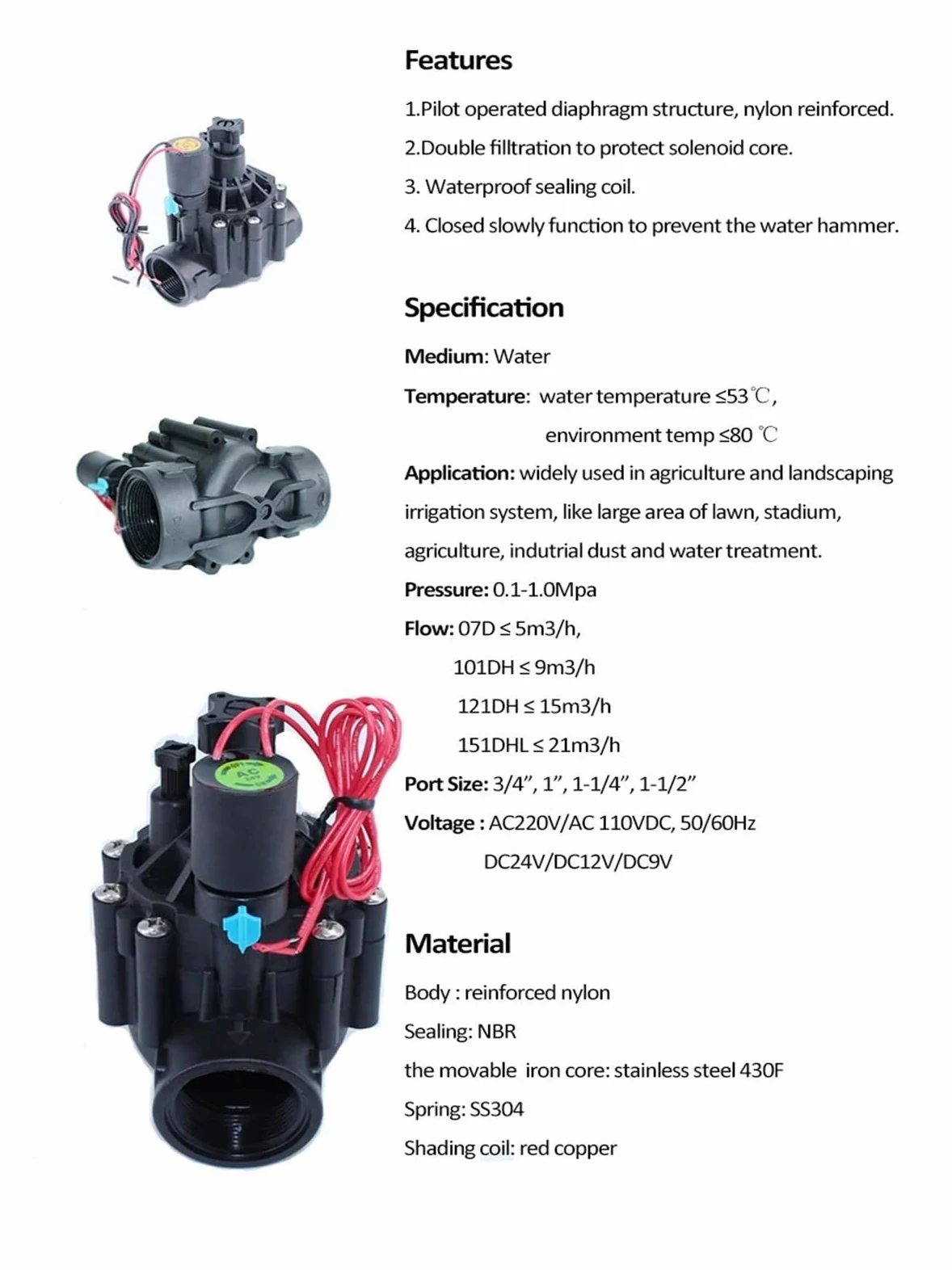 Electroválvula de riego de 3/4'', bidireccional, 220 V, 12 V, 24 V CC, con Enclavamiento y regulación de caudal for riego agrícola.(DC 12V)