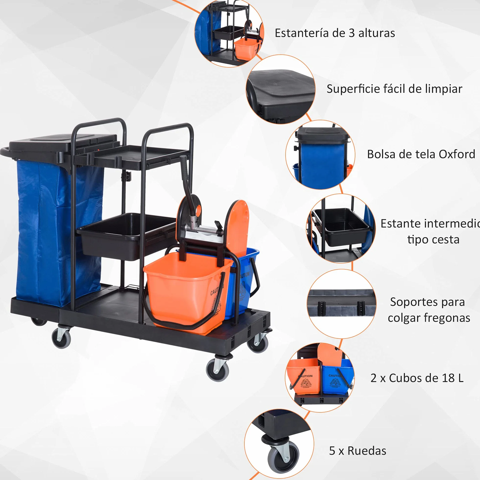 HOMCOM Carro de Limpieza con Bolsa de Basura Carro de Servicio con Cubos de Fregar de 18L Escurridor de Prensa y Estantes para Hotel 111x63,3x103 cm Multicolor