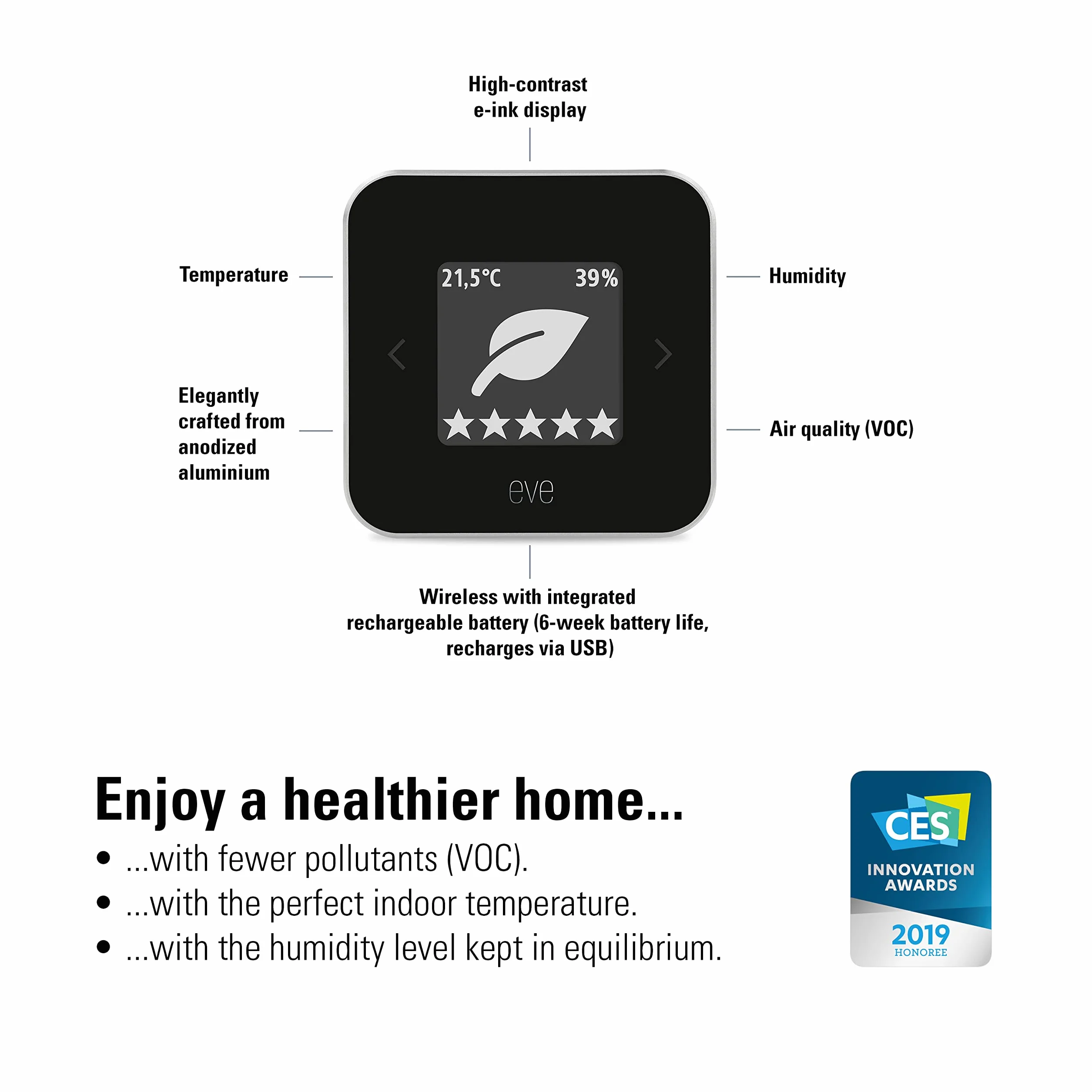 Eve Room – Sensor de calidad del aire para interior para registrar la calidad del aire (COV), temperatura y humedad, tecnología Apple HomeKit, Bluetooth, Thread