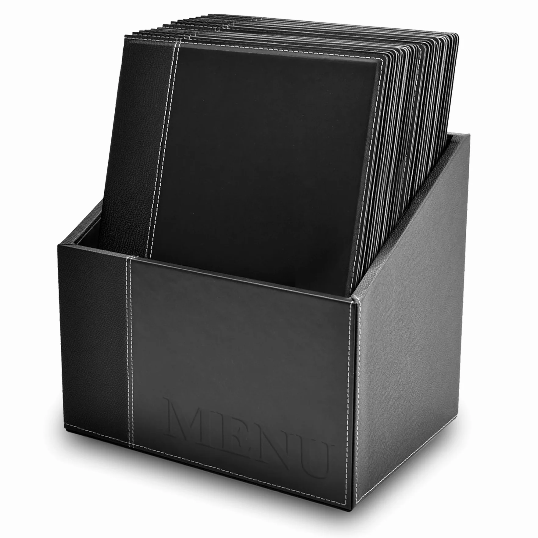 SECURIT - Set de 20 Portamenús Trendy Line con Caja de Exhibición - 1 Inserto Fijo Doble Cara = 4 Páginas A4 - Posibilidad de Añadir Insertos - Café, Bar, Restaurante - Imitación Cuero PU - Negro