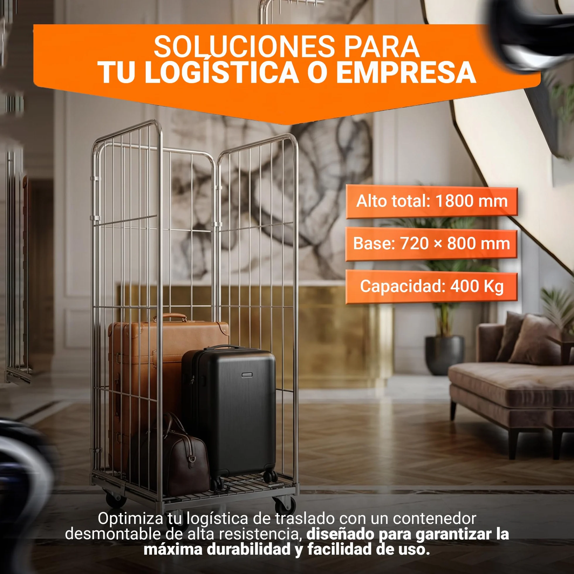 KM Roll Container 3 Lados – Carro Industrial con Ruedas Giratorias de 100mm, Estructura Zincada Resistente. Capacidad 400 kg, Diseño Desmontable. Ideal para Almacenes y Logística Profesional.