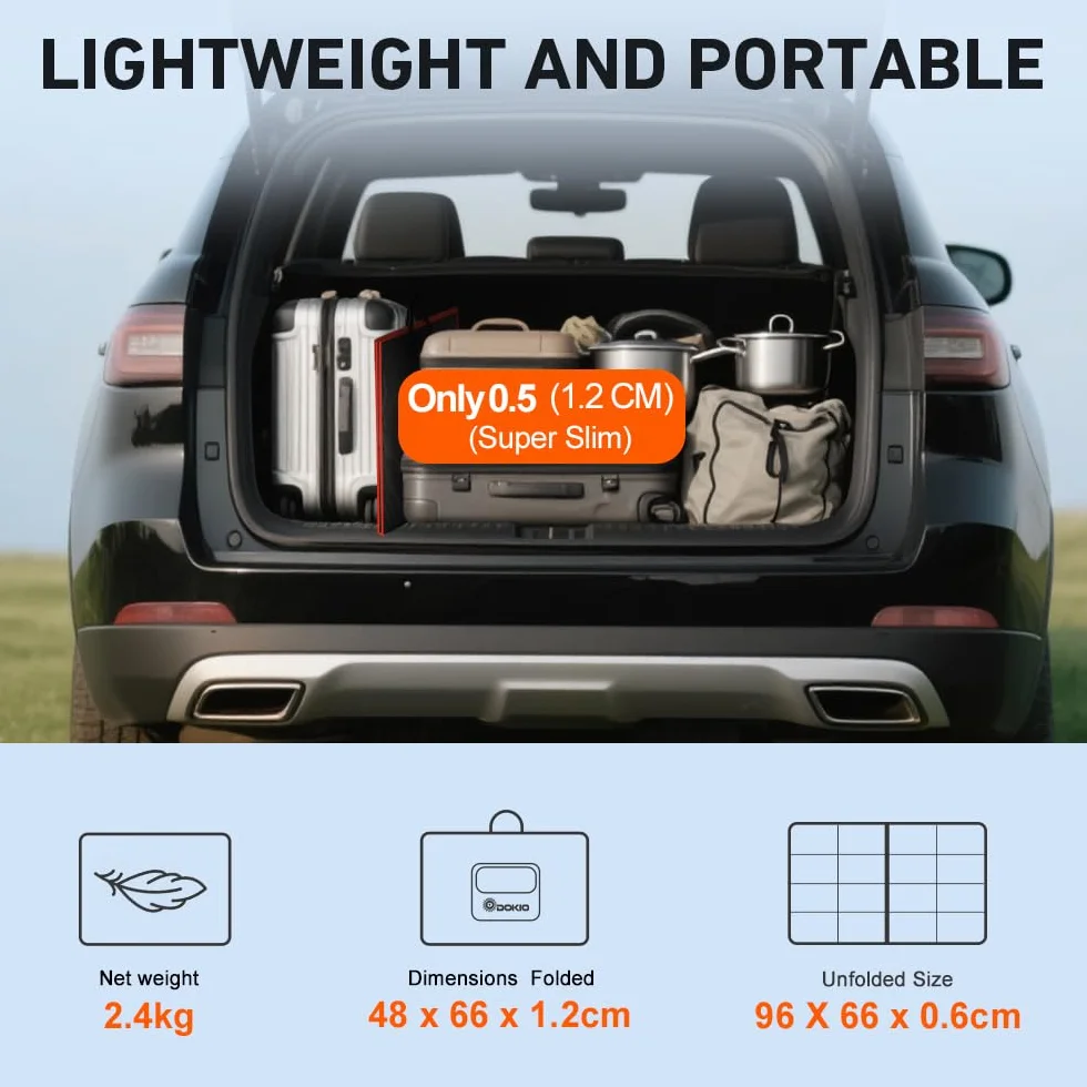DOKIO Panel Solar PLEGABLE 100w 12v monocristalino portátil, impermeable, ideal para la energía solar al aire libre, embarcaciones, camping, caravanas o autocaravanas