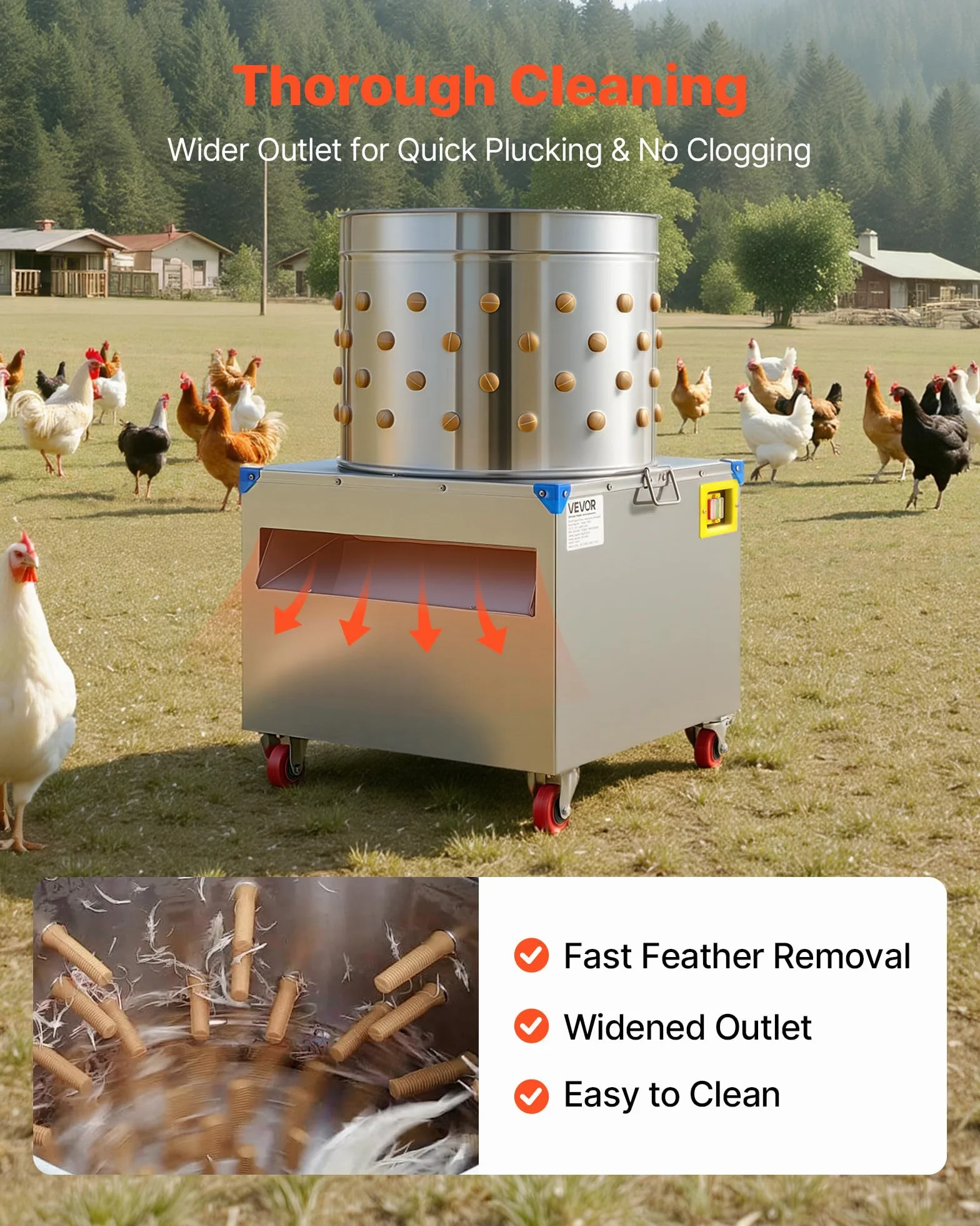 VEVOR Desplumadora Eléctrica de Pollos, Tambor 50 cm, 1500 W, 275 RPM, con 106 Dedos Suaves y Ruedas de Transporte, Acero Inoxidable, para Procesar de 2 a 4 Pollitos a la Vez, 560 x 560 x 890 mm