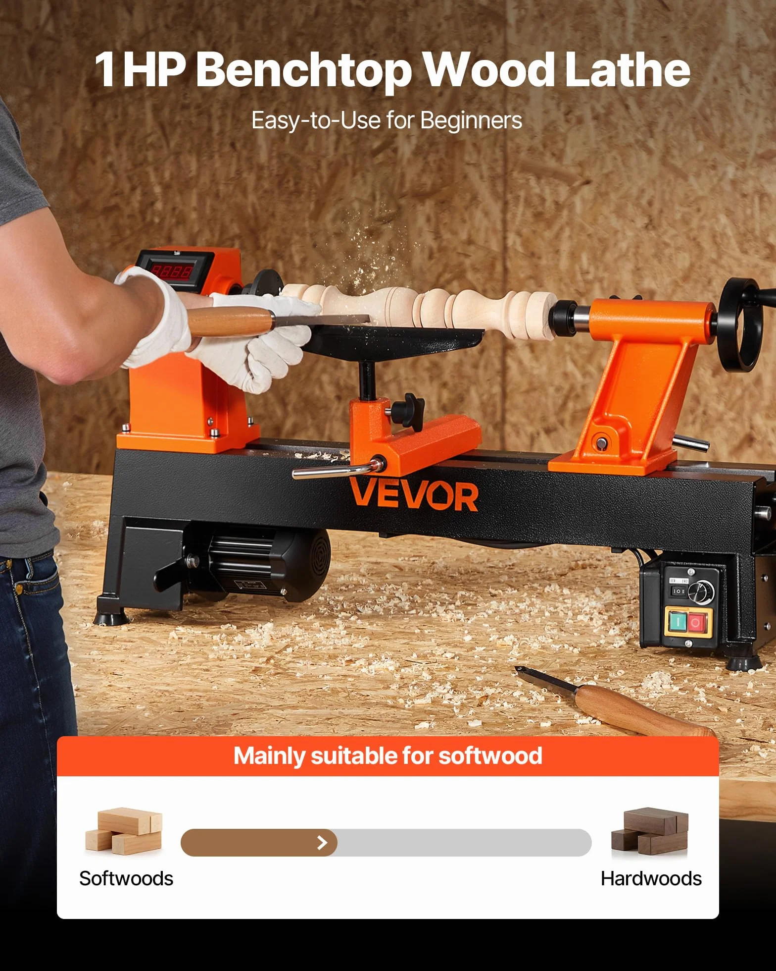 VEVOR 750 W Torno de Sobremesa de Carpintería con Velocidad Variable de 150 a 3800 RPM, Banco de Trabajo de 304 x 465 mm, Motor de CC sin Escobillas, Construcción de Hierro Fundido para Bricolaje
