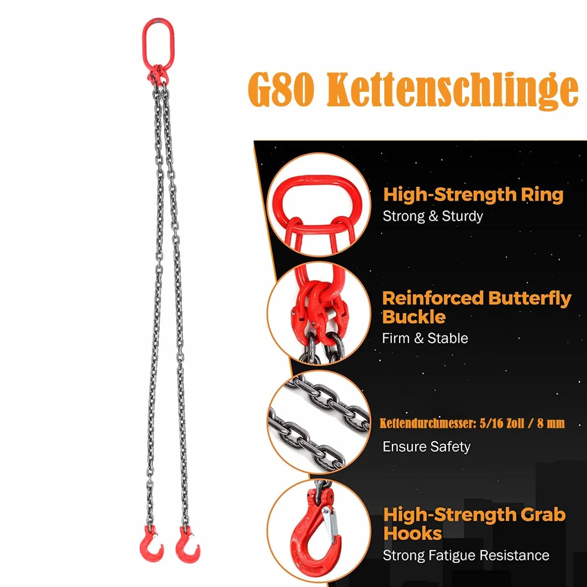 Cadenas de Elevación G80, Cadena de 2 Hebras, Eslinga de Carga 1,5M, Acero Aleado