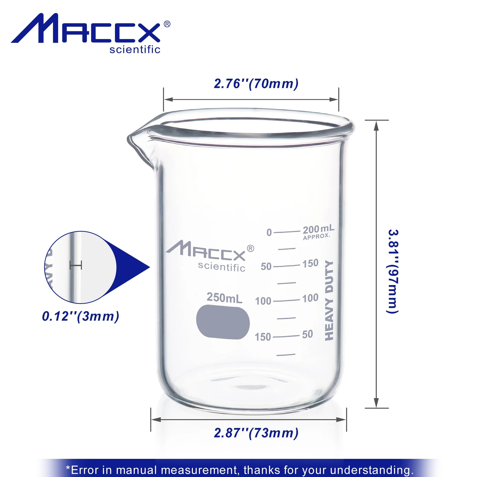BKL250-006 - Vaso de vidrio resistente de 250 ml, forma baja de griffin de borosilicato con graduación impresa, paquete de 6