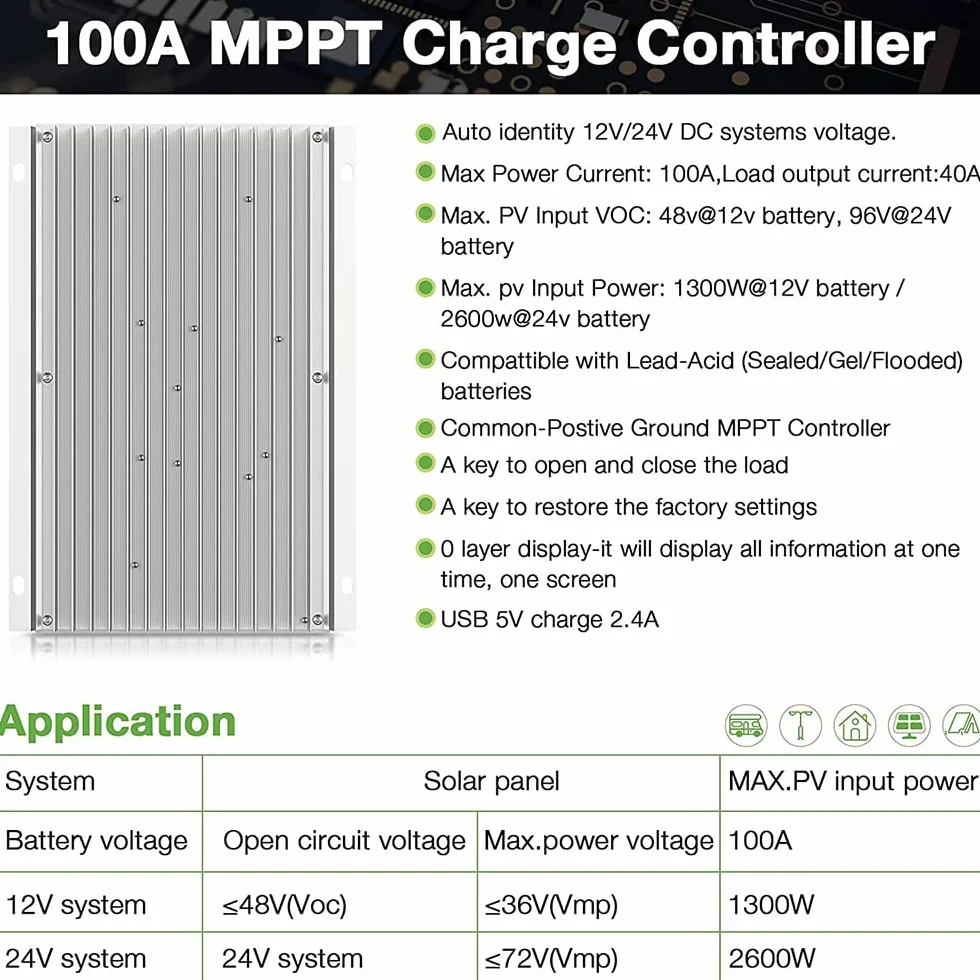 MPPT 100A Controlador de Carga Solar 12V 24V Automático, MPPT 100A Regulador de Carga Solar con LCD Pantalla puertos USB, Entrada FV máxima 100 V,Apto muchos plomo ácido y litio Baterías