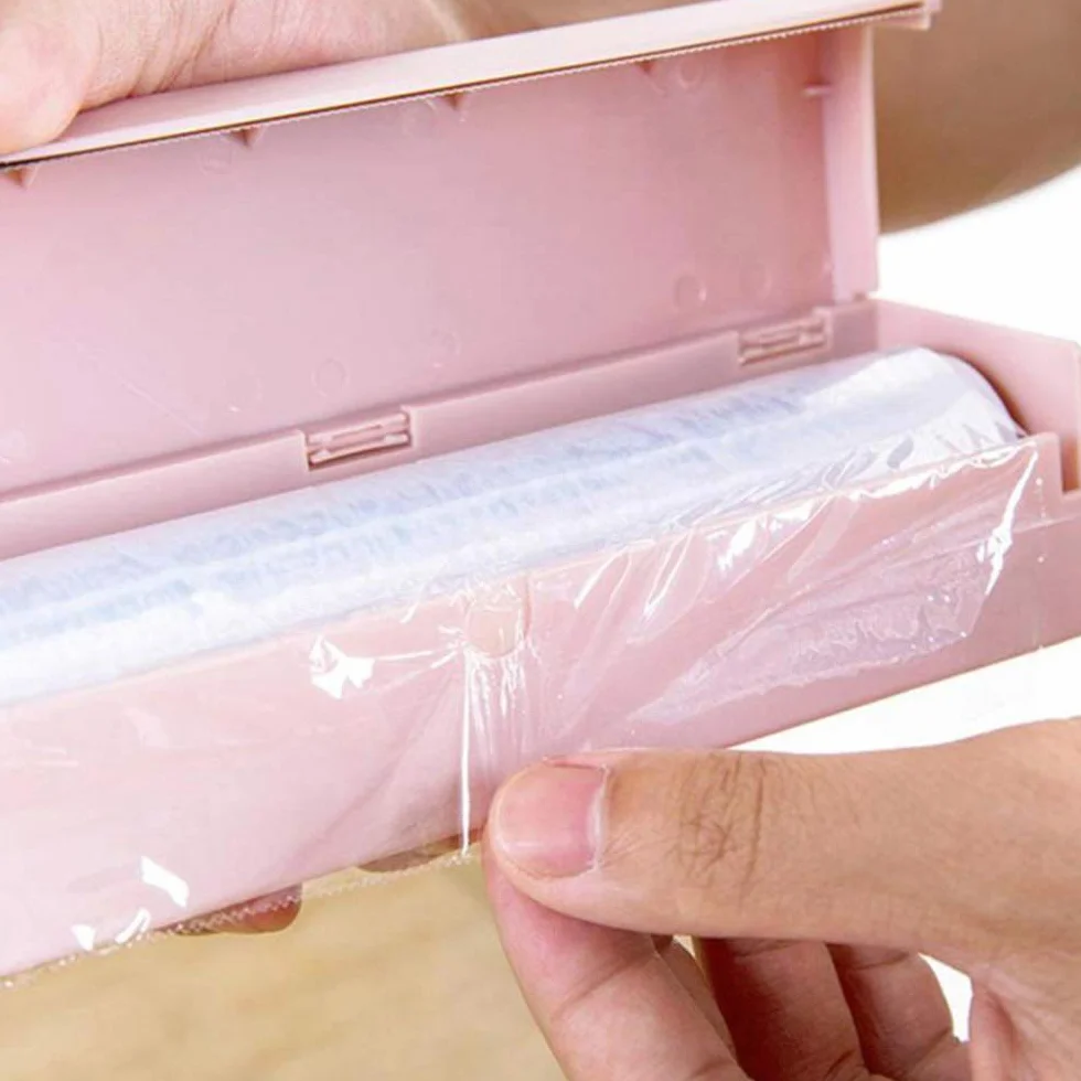 Dispensador Envoltura de Plástico PP 5x5x32 cm para Film Transparente, Papel Aluminio, Cocina, Restaurante (Rosa)