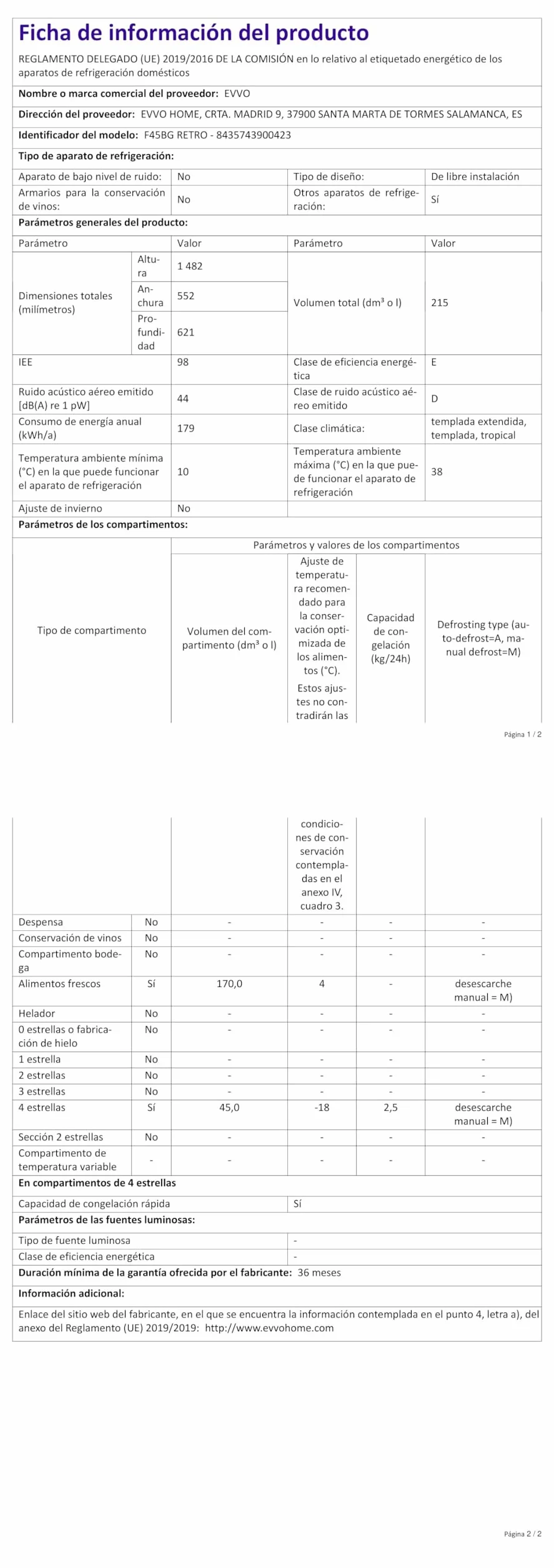 EVVO Frigorífico 2 Puertas 170 Litros Congelador 45 Litros Retro Beige