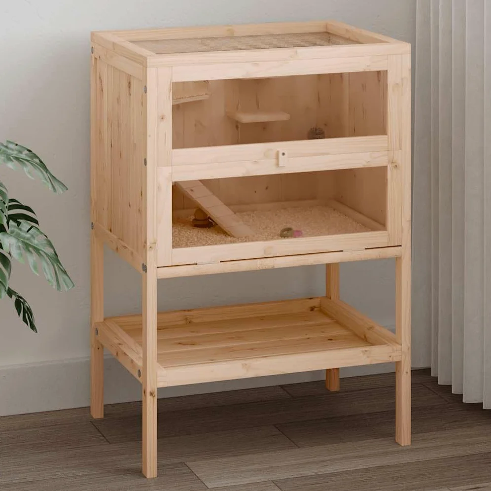 Jaula hámster madera maciza abeto 55x40x80 cm con escalera de dos niveles, techo rejilla metálica abierta, frontal acrílico transparente, estante de almacenamiento, para hámster Gerbille