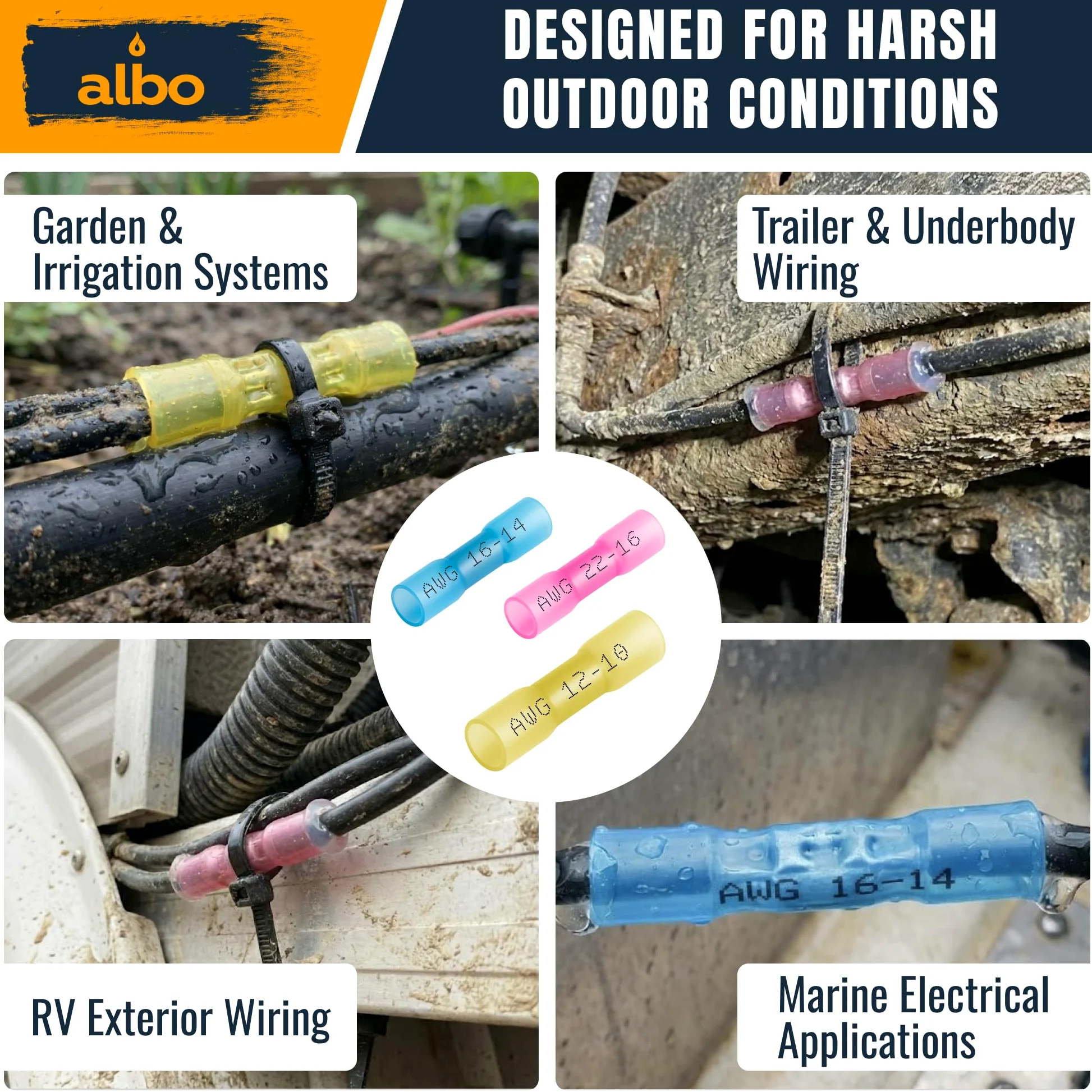 ALBO 1000 conectores termorretráctiles de 16 a 14 AWG, cobre estañado de 0,8 mm, conectores de alambre de crimpado aislados de grado marino, conectores eléctricos impermeables, empalme a tope para