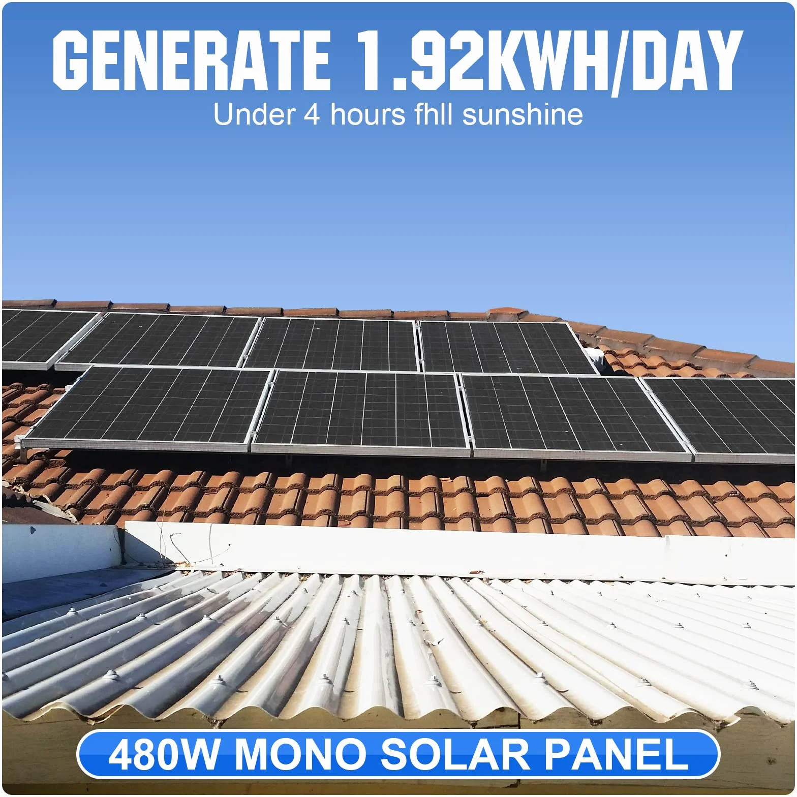 ECO-WORTHY 480W 24V 2KW-h/día kit solar con bateria sistema completo para el hogar Shed:4pcs 120W panel solar monocristalino + 2pcs 50AH batería de litio + 60A controlador solar + 1500W inversor